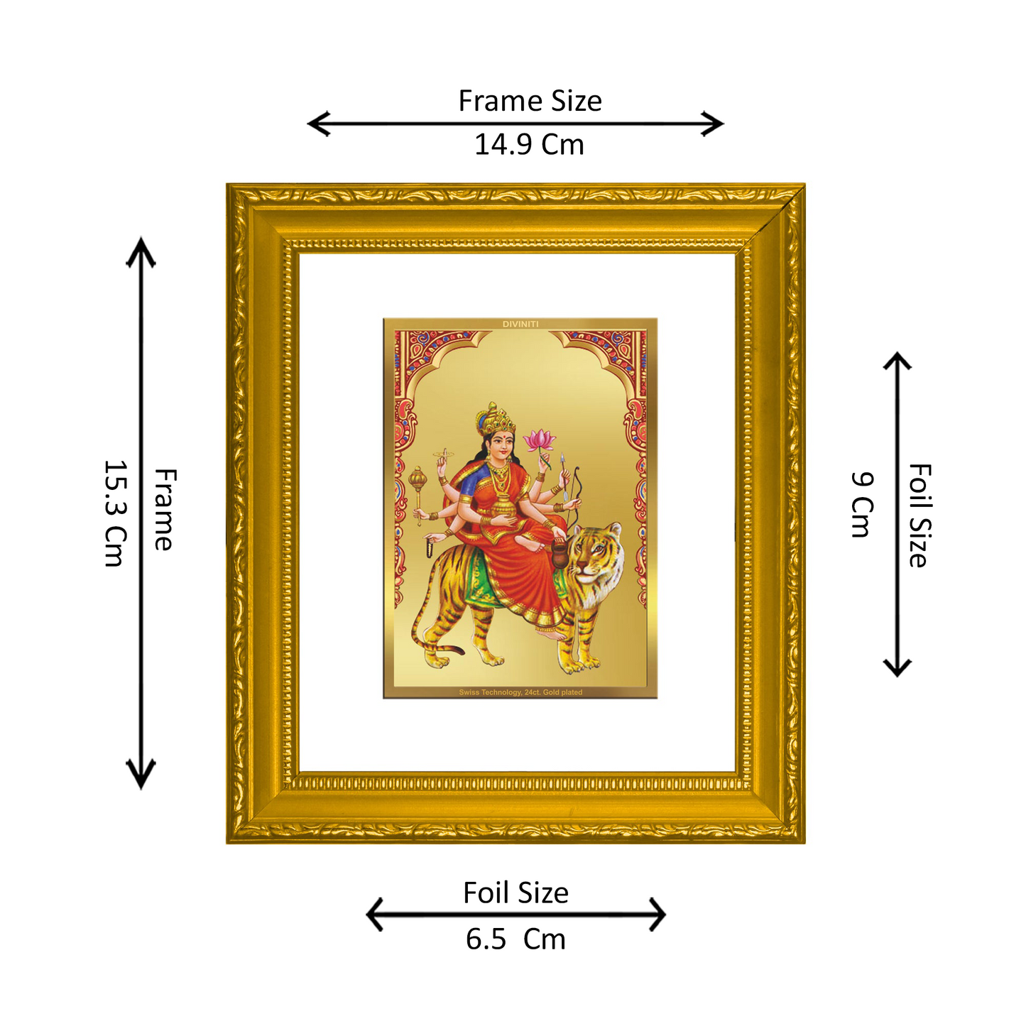 DIVINITI 24K Gold Plated Foil Chandraghanta Mata Wall Photo Frame Religious Photo Frame Idol for Home & Office Decor Prayer, Gifts Items DG 101 Size 1 (15.3x14.9 CM)