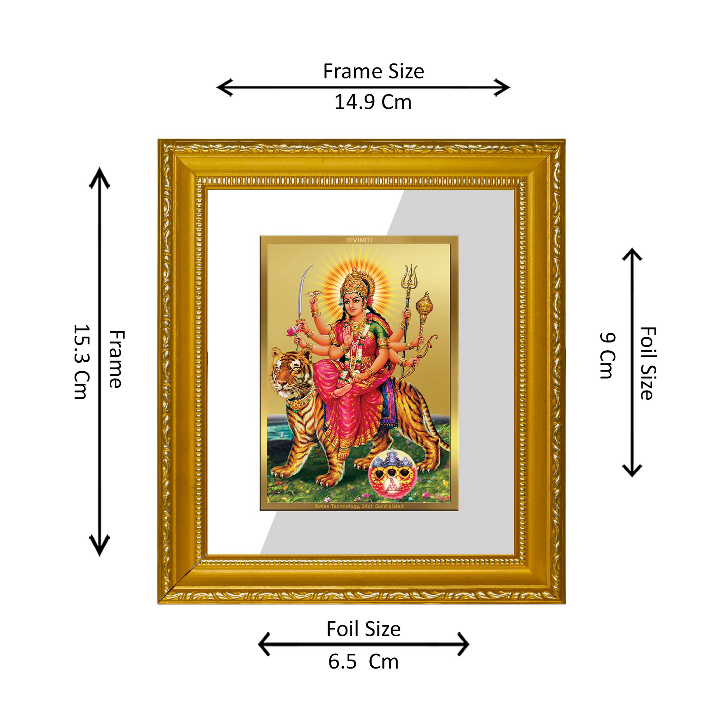 DIVINITI 24K Gold Plated Foil Durga Wall Photo Frame Religious Photo Frame Idol for Home & Office Decor Prayer Gifts Items DG 101 Size 1 (15.3x14.9 CM)