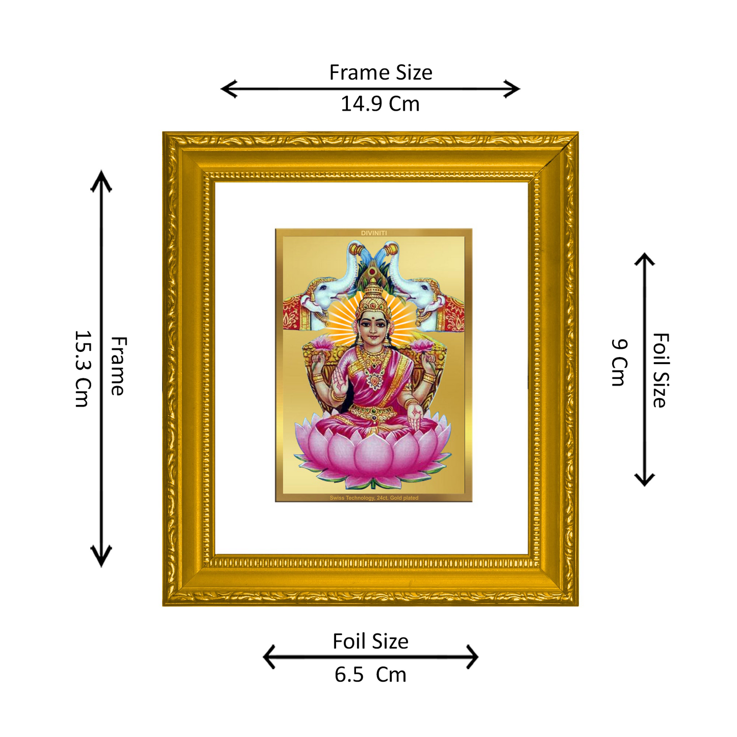 DIVINITI 24K Gold Plated Foil Gaja Lakshmi Wall Photo Frame Religious Photo Frame Idol for Home & Office Decor Prayer, Gifts Items DG 101 Size 1 (15.3x14.9 CM)