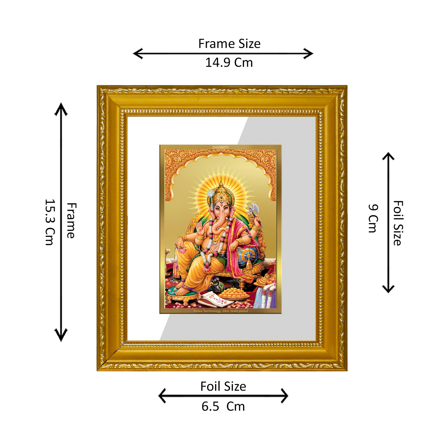 DIVINITI 24K Gold Plated Foil Ganesha Wall Photo Frame Religious Photo Frame Idol for Home & Office Decor Prayer, Gifts Items DG 101 Size 1 (15.3x14.9 CM)