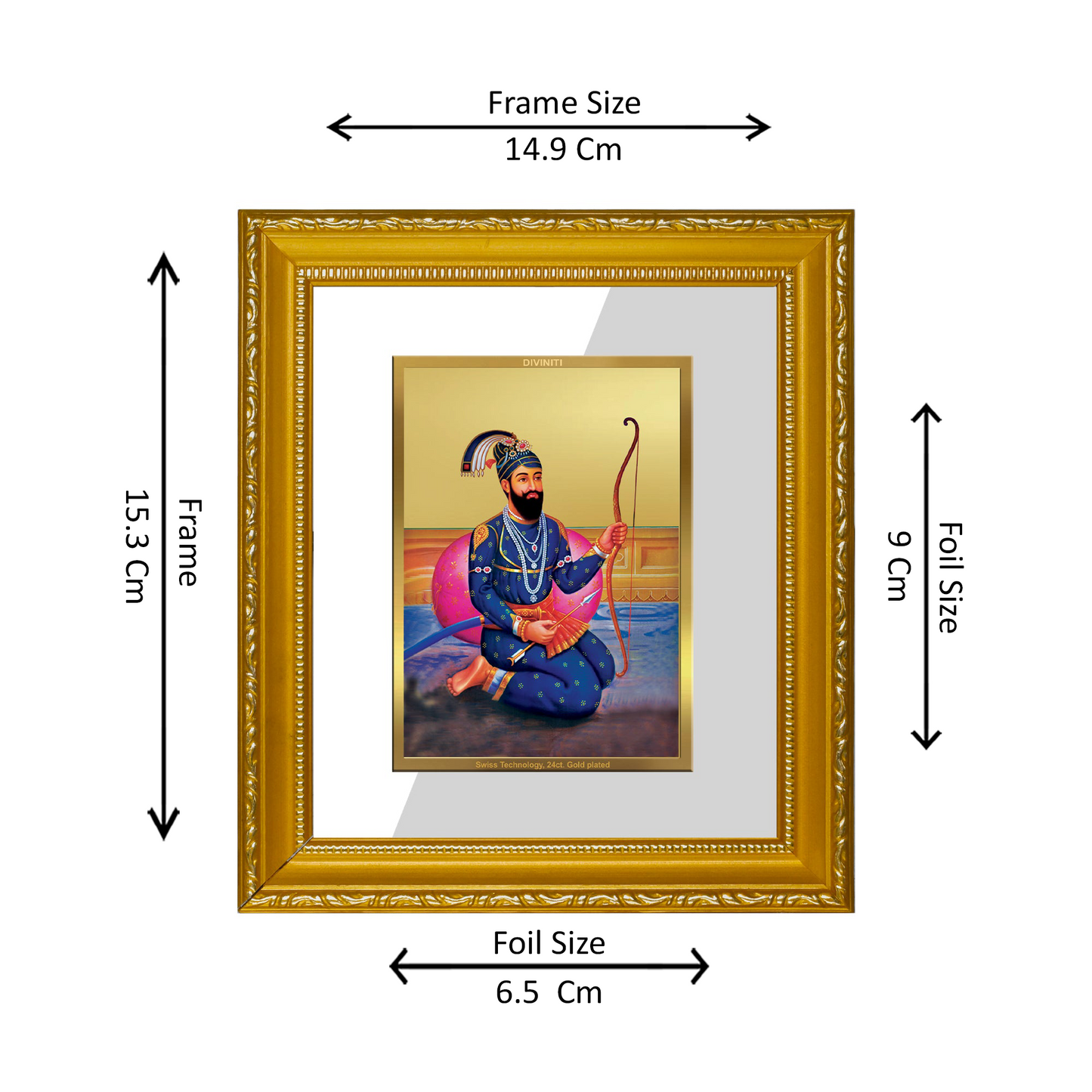 DIVINITI 24K Gold Plated Foil Guru Gobind Singh Wall Photo Frame Religious Photo Frame for Home & Office Decor Prayer Gifts Items DG 101 Size 1 (15.3x14.9 CM)