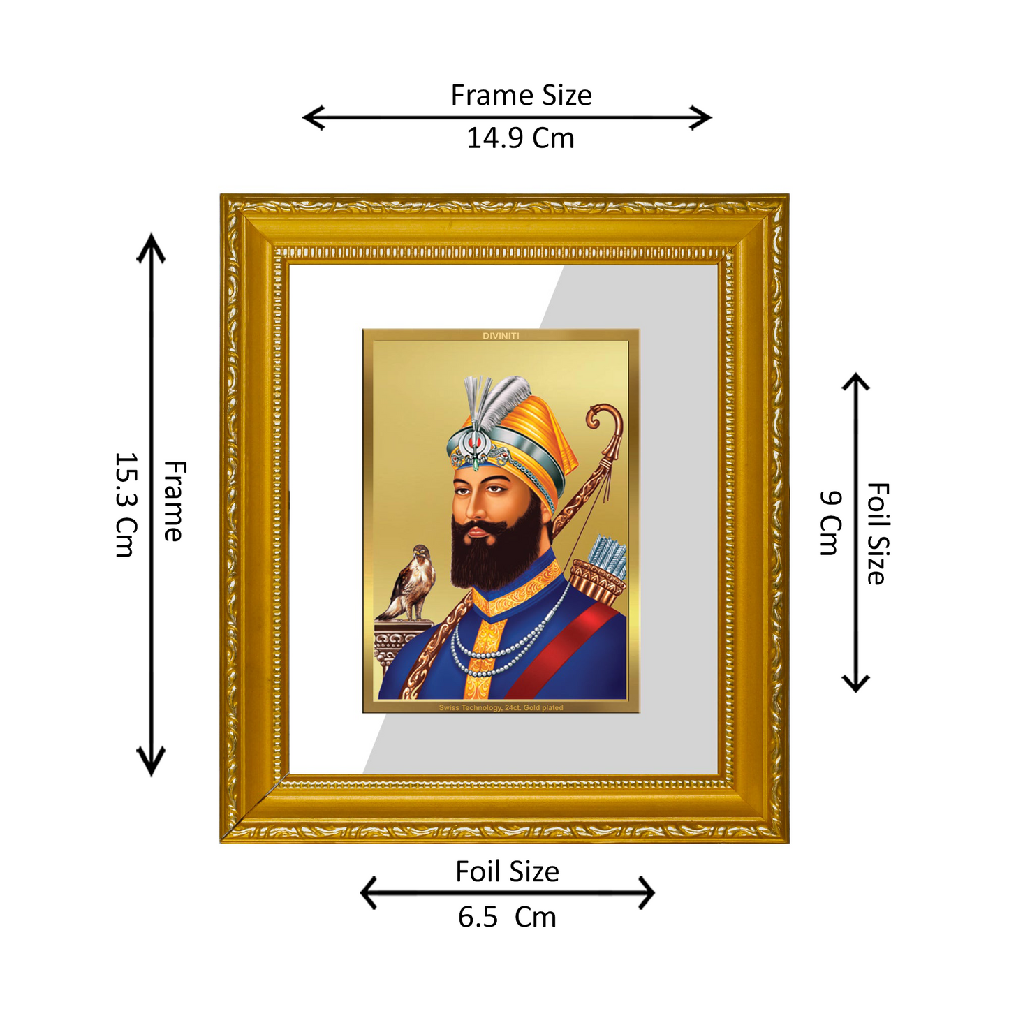 DIVINITI 24K Gold Plated Foil Guru Gobind Singh Wall Photo Frame Religious Photo Frame Idol for Home & Office Décor Gifts Items DG 101 Size 1 (15.3x14.9 CM)