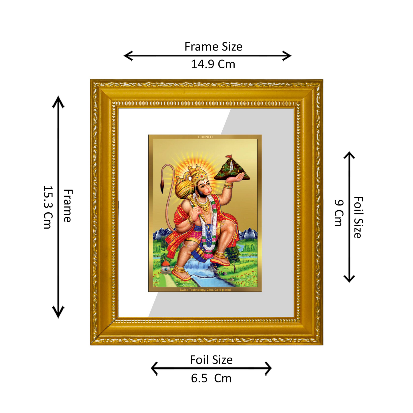 DIVINITI 24K Gold Plated Foil Hanuman Wall Photo Frame Religious Photo Frame Idol for Home & Office Decor Prayer, Gifts Items DG 101 Size 1 (15.3x14.9 CM)