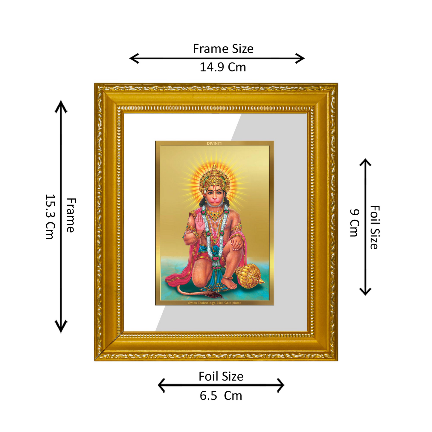 DIVINITI 24K Gold Plated Foil Hanuman-3 Wall Photo Frame Religious Photo Frame Idol for Home & Office Decor Prayer, Gifts Items DG 101 Size 1 (15.3x14.9 CM)