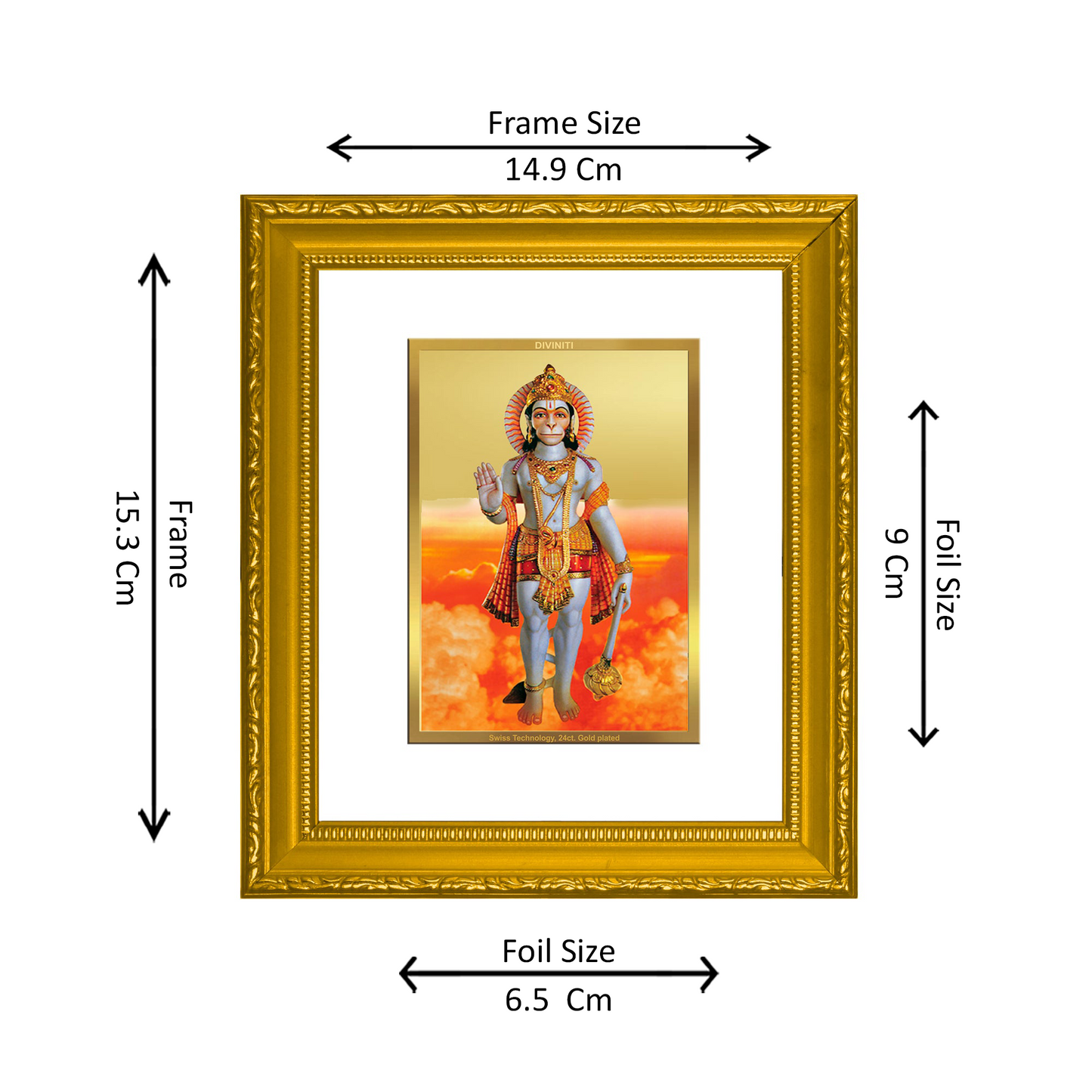 DIVINITI 24K Gold Plated Foil Hanuman-2 Wall Photo Frame Religious Photo Frame Idol for Home & Office Decor Prayer, Gifts Items DG 101 Size 1 (15.3x14.9 CM)