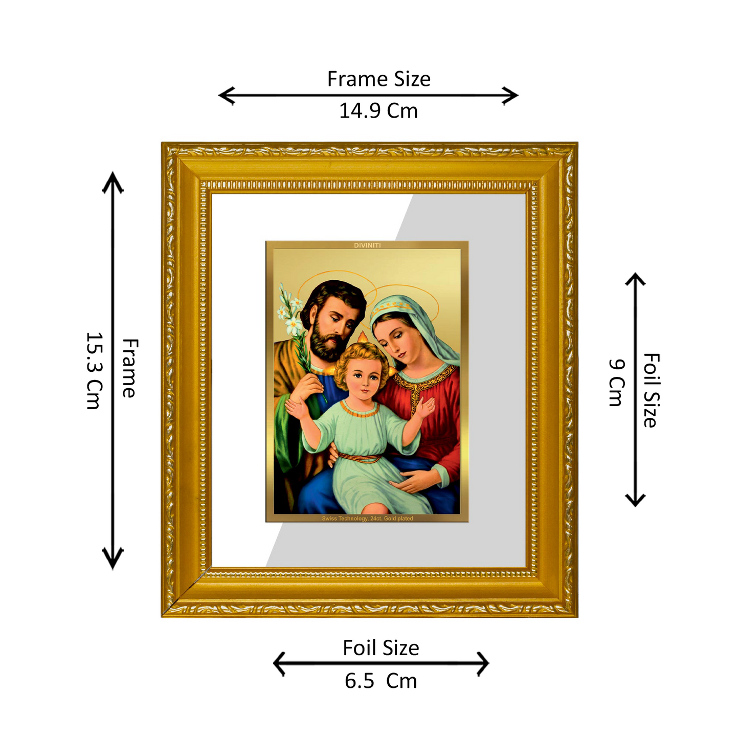 DIVINITI 24K Gold Plated Foil Holy Family Wall Photo Frame Religious Photo Frame Idol for Home & Office Decor Prayer, Gifts Items DG 101 Size 1 (15.3x14.9 CM)