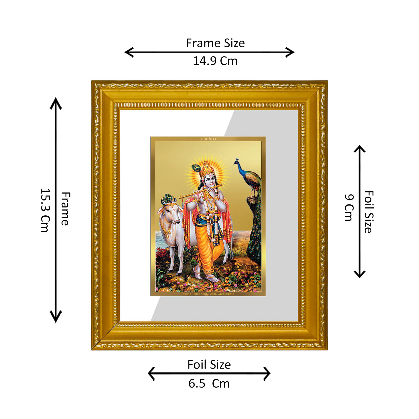 DIVINITI 24K Gold Plated Foil Krishna Wall Photo Frame Religious Photo Frame Idol for Home & Office Decor Prayer, Gifts DG 101 Size 1 (15.3x14.9 CM)