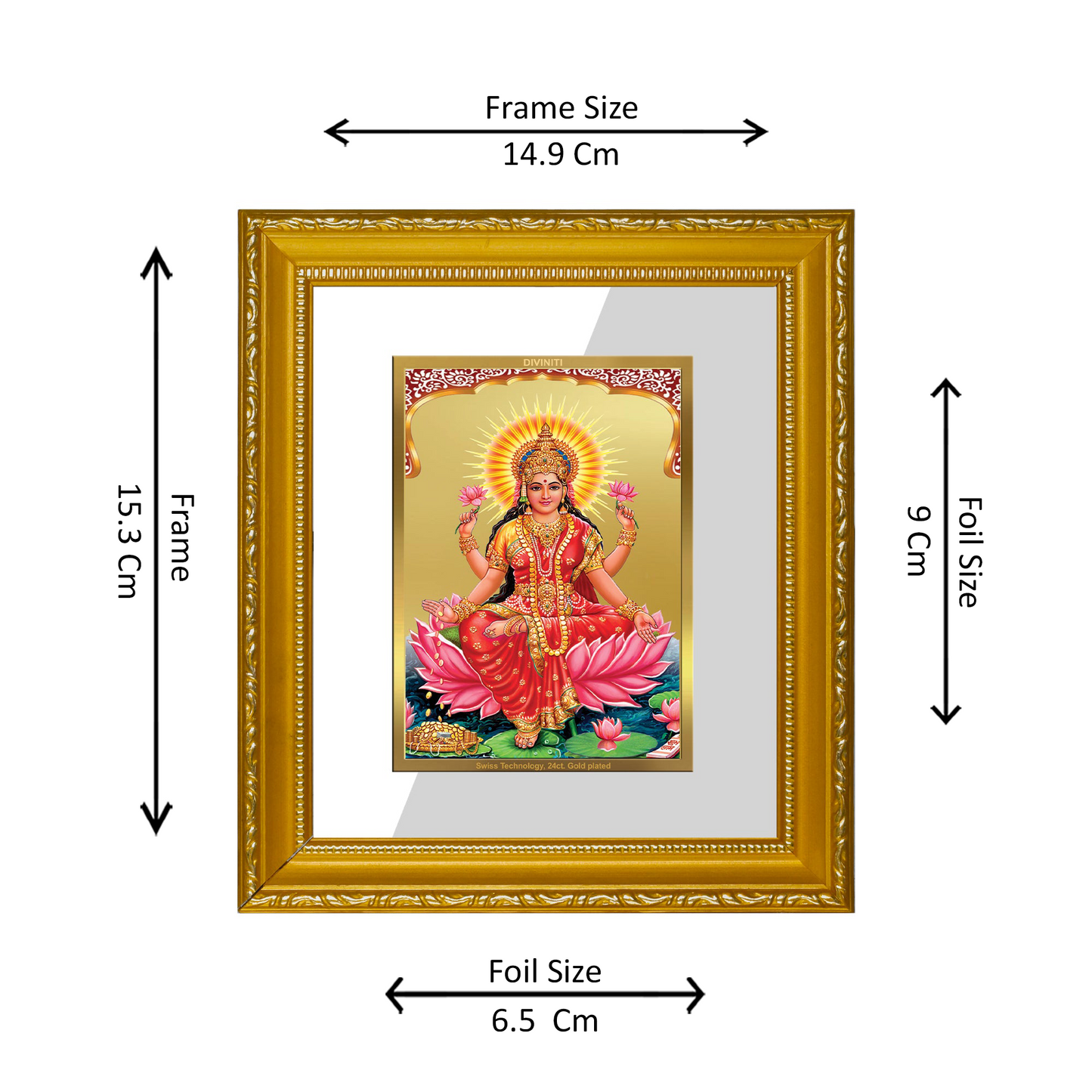 DIVINITI 24K Gold Plated Foil Lakshmi Wall Photo Frame Religious Photo Frame Idol for Home & Office Decor Prayer, Gifts Items DG 101 Size 1 (15.3x14.9 CM)