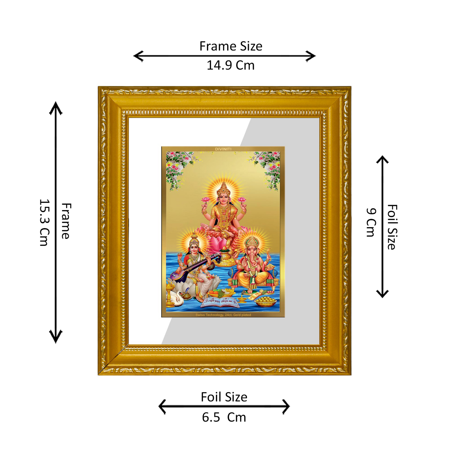 DIVINITI 24K Gold Plated Foil Lakshmi Ganesha Saraswati Wall Photo Frame Religious Photo Frame Idol for Home & Office Decor Prayer, Gifts Items DG 101 Size 1 (15.3x14.9 CM)