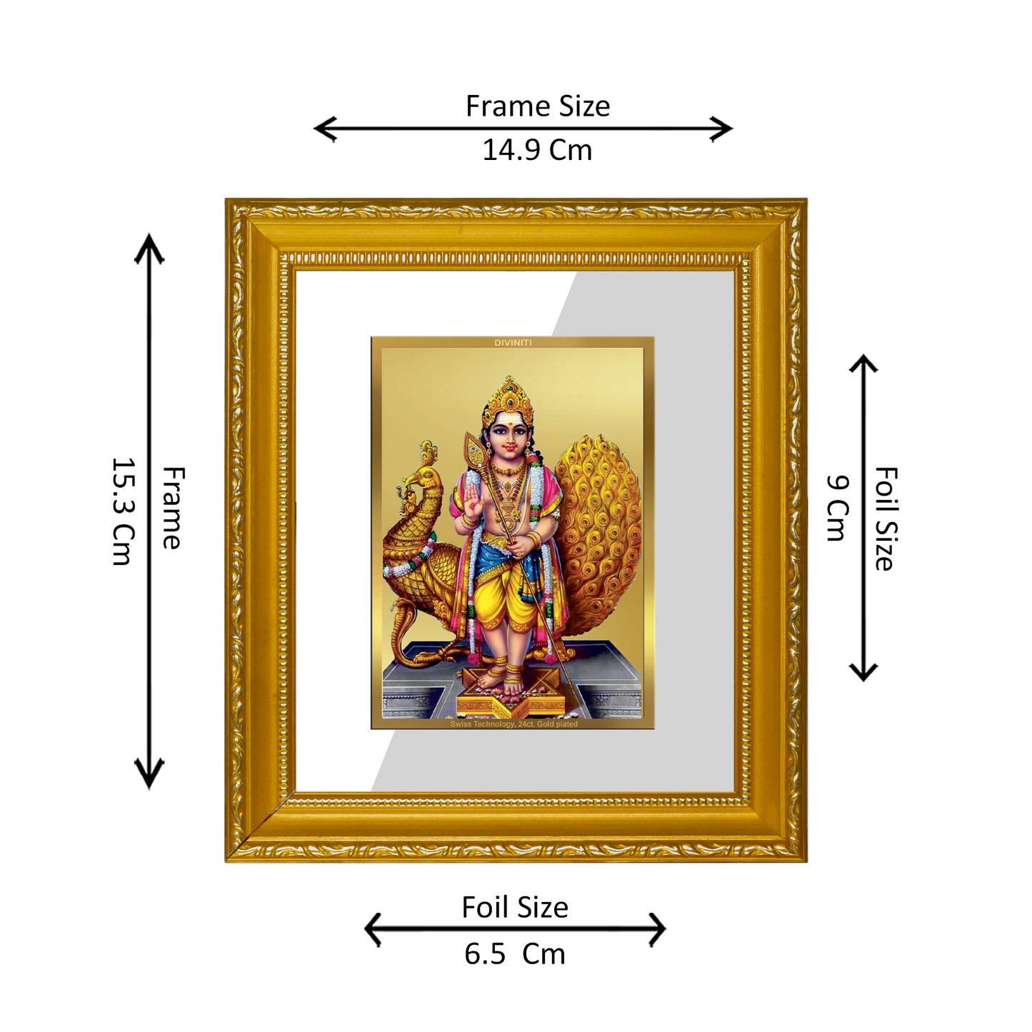 DIVINITI 24K Gold Plated Foil Murugan Wall Photo Frame Religious Photo Frame Idol for Home & Office Decor Prayer, Gifts Items DG 101 Size 1 (15.3x14.9 CM)