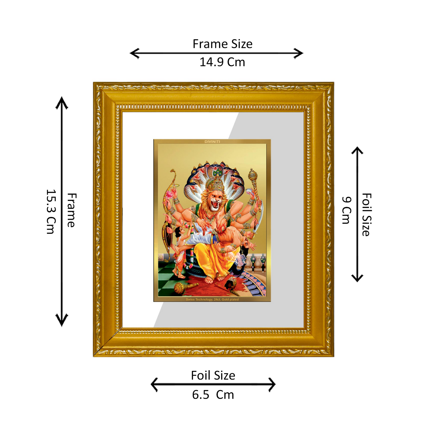 DIVINITI 24K Gold Plated Foil Narsimha Wall Photo Frame Religious Photo Frame Idol for Home & Office Decor Prayer, Gifts Items DG 101 Size 1 (15.3x14.9 CM)