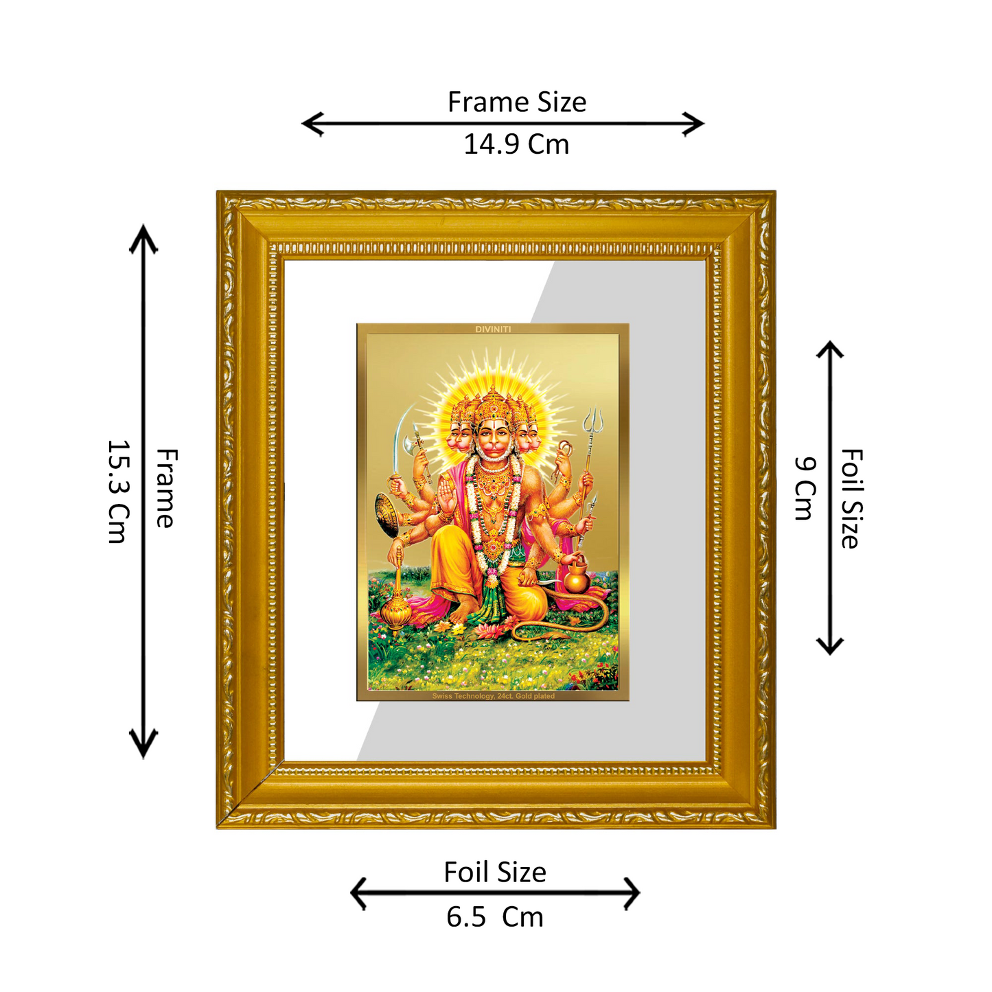 DIVINITI 24K Gold Plated Foil Panchmukhi Hanuman Wall Photo Frame Religious Photo Frame Idol for Home & Office Decor Prayer, Gifts Items DG 101 Size 1 (15.3x14.9 CM)