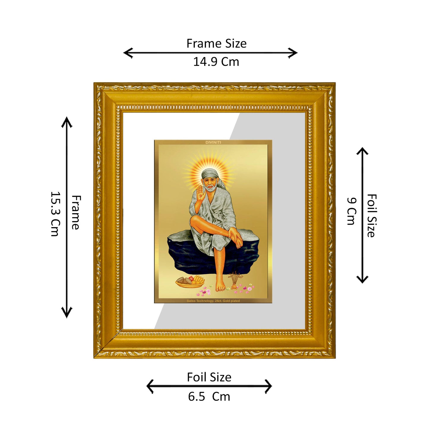 DIVINITI 24K Gold Plated Foil Sai Baba-1 Wall Photo Frame Religious Photo Frame Idol for Home & Office Decor Prayer, Gifts Items DG 101 Size 1 (15.3x14.9 CM)