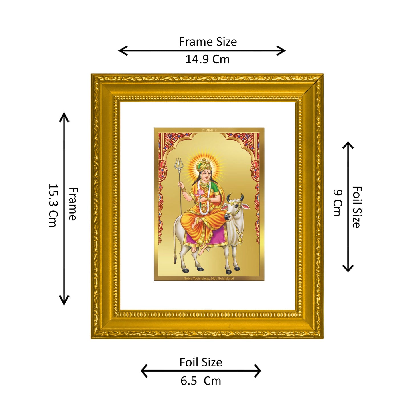 DIVINITI 24K Gold Plated Foil Shailputri Mata Wall Photo Frame Religious Photo Frame Idol for Home & Office Decor Prayer, Gifts Items DG 101 Size 1 (15.3x14.9 CM)