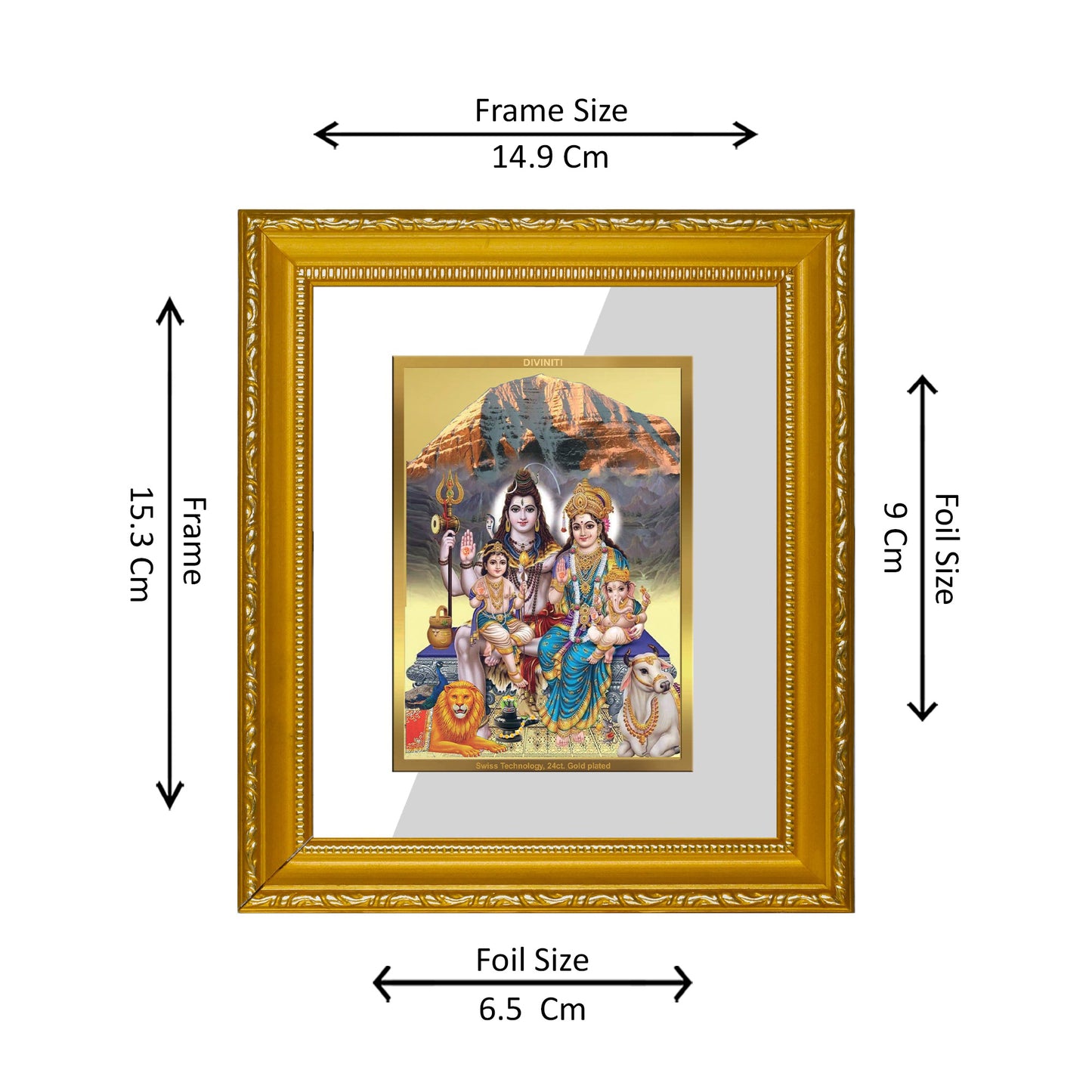 DIVINITI 24K Gold Plated Foil Shiva Parivar-1 Wall Photo Frame Religious Photo Frame Idol for Home & Office Decor Prayer, Gifts Items DG 101 Size 1 (15.3x14.9 CM)