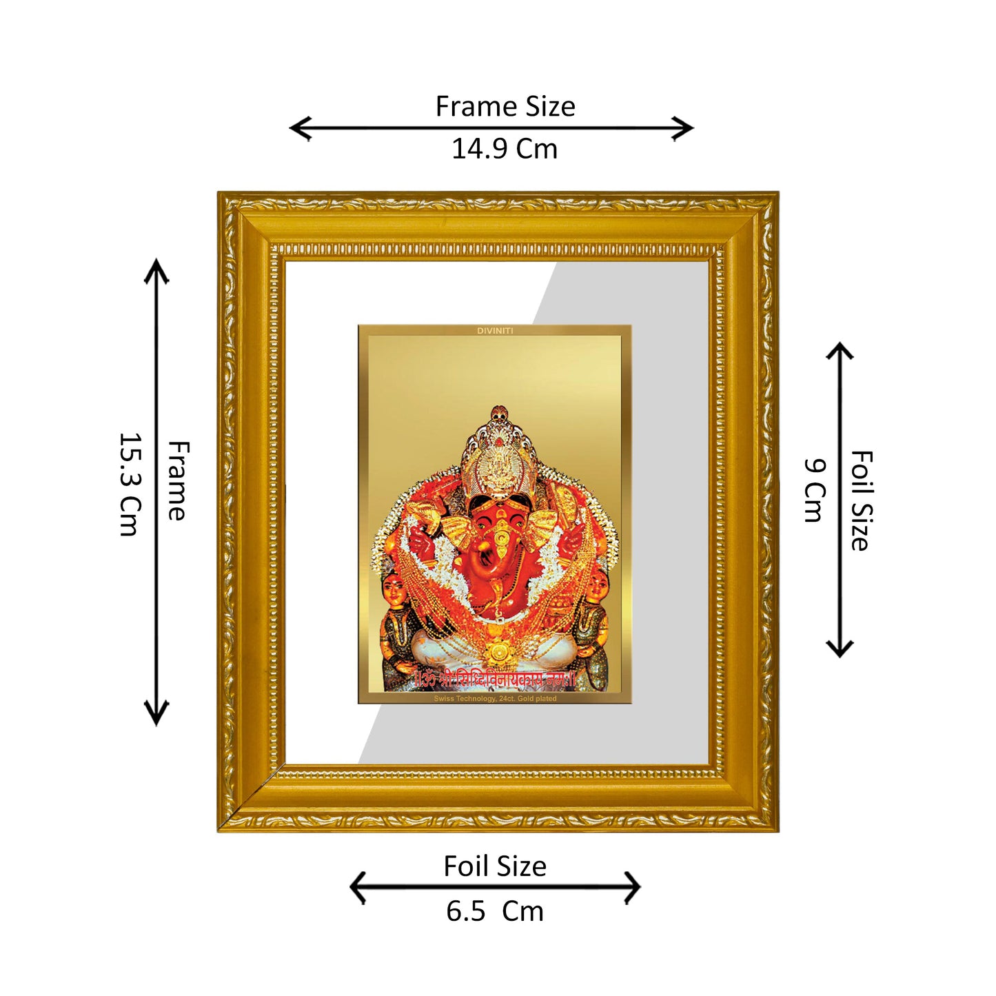 DIVINITI 24K Gold Plated Foil Siddhivinayak Wall Photo Frame and Religious Photo Frame Idol for Home & Office Decor Prayer, Gifts Items DG 101 Size 1 (15.3x14.9 CM)