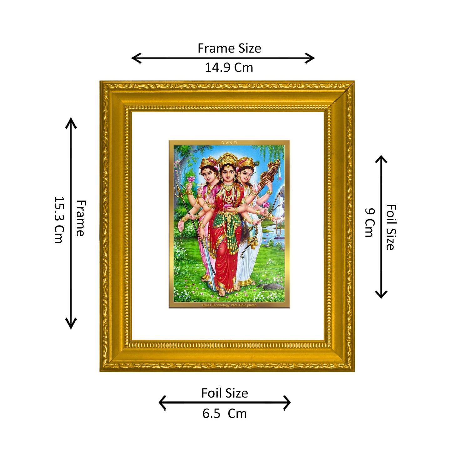 DIVINITI 24K Gold Plated Foil Teen Devi Wall Photo Frame Religious Photo Frame Idol for Home & Office Decor Prayer, Gifts Items DG 101 Size 1 (15.3x14.9 CM)