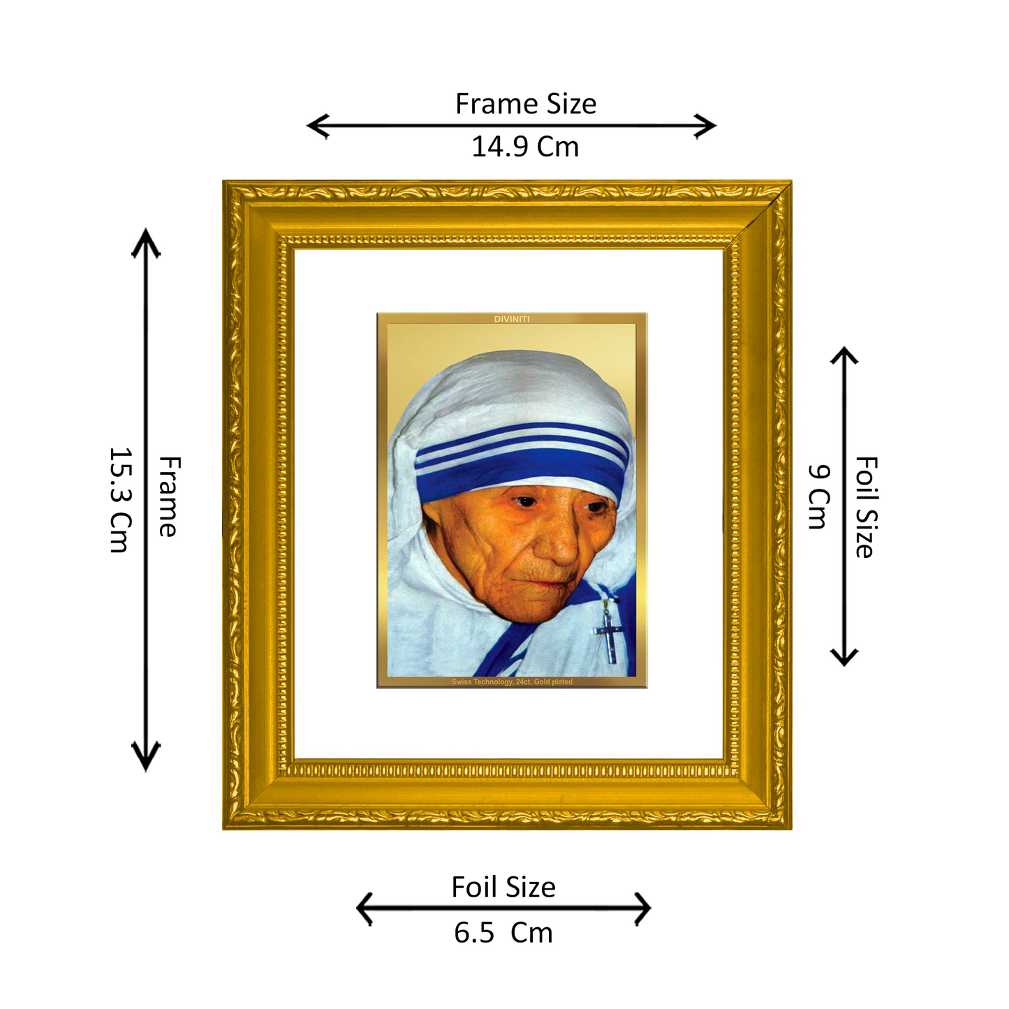 DIVINITI 24K Gold Plated Foil Mother Teresa Wall Photo Frame Religious Photo Frame Idol for Home & Office Decor Prayer, Gifts Items DG 101 Size 1 (15.3x14.9 CM)