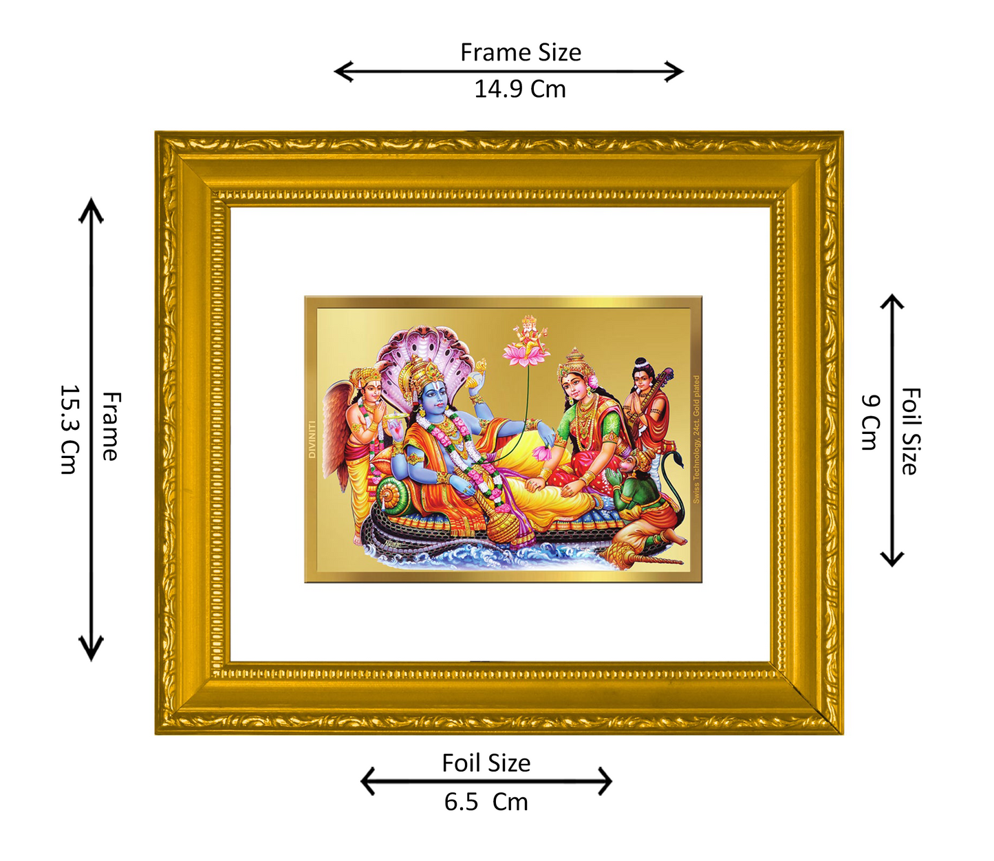 DIVINITI 24K Gold Plated Foil Vishnu Lakshmi Wall Photo Frame Religious Photo Frame Idol for Home & Office Decor Prayer, Gifts Items DG 101 Size 1 (15.3x14.9 CM)