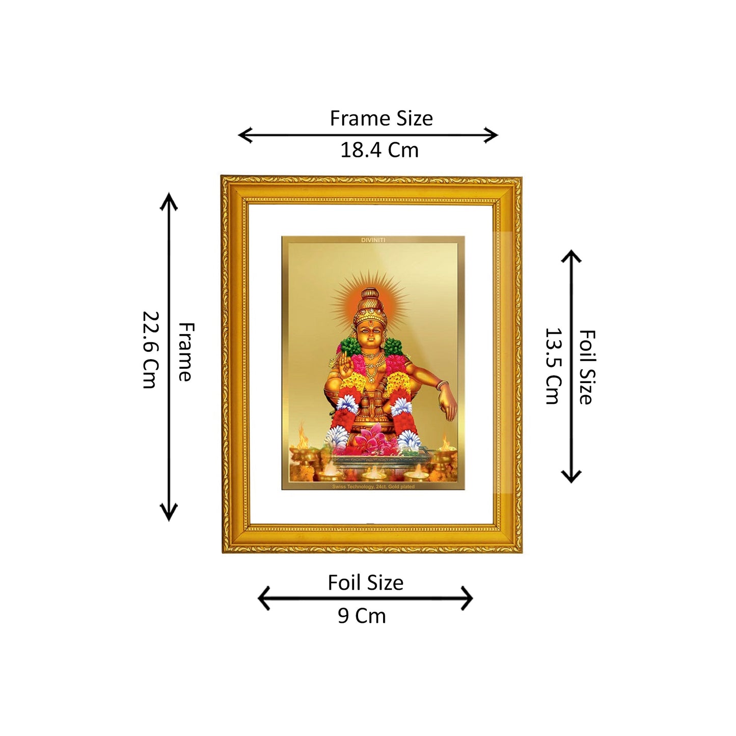 DIVINITI 24K Gold Plated Foil Ayyappan Ji Wooden Photo Frame Idol for Puja Room, Home Decor, Wall Hanging, Workshop, Gift | DG101 Size 2 (22.6x18.4 CM)