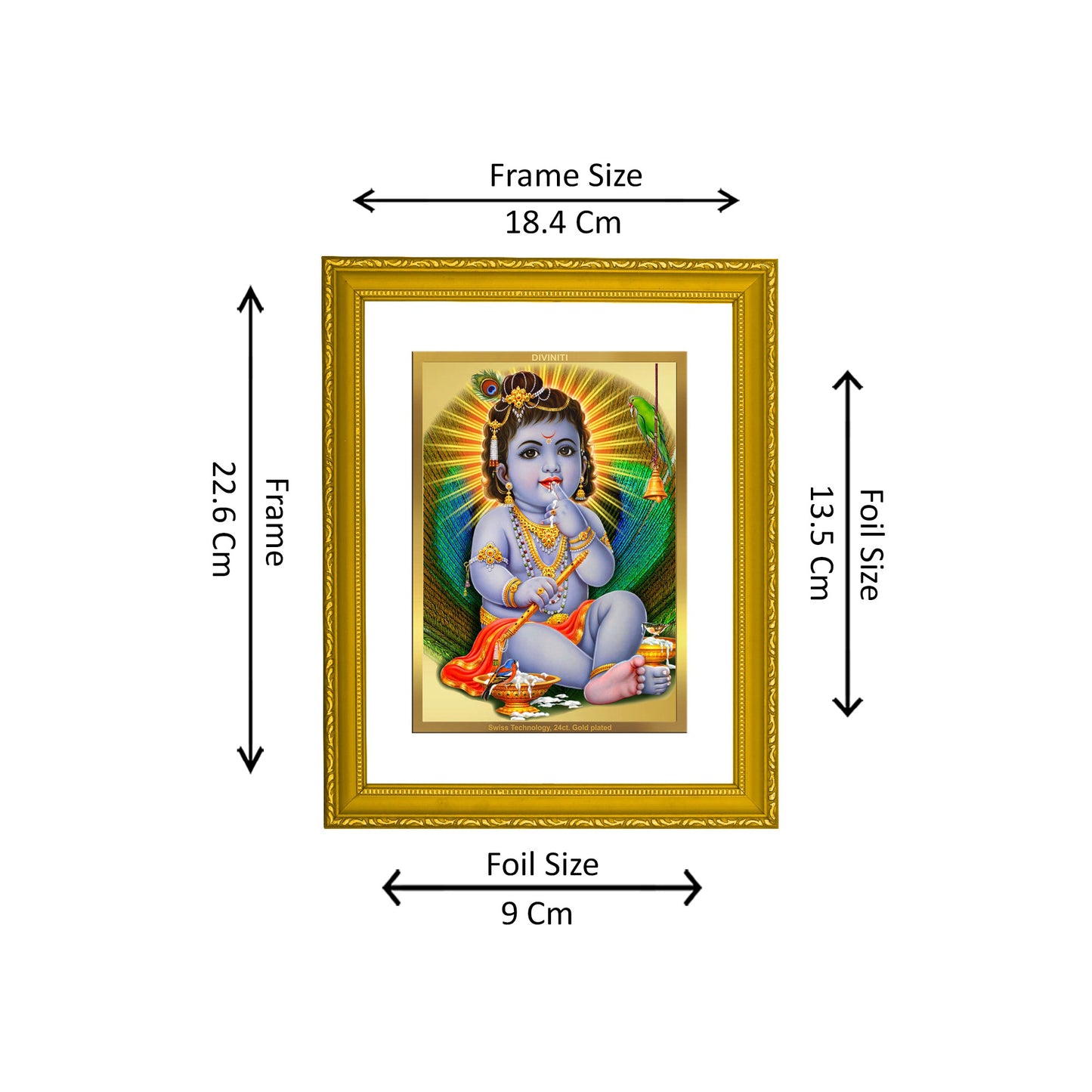 DIVINITI 24K Gold Plated Foil Bal Gopal Luxurious Photo Frame Idol for Wall Hanging, Home Decor, Prayer, Workshop, Premium Gift|DG101 Size 2 (22.6x18.4 CM)