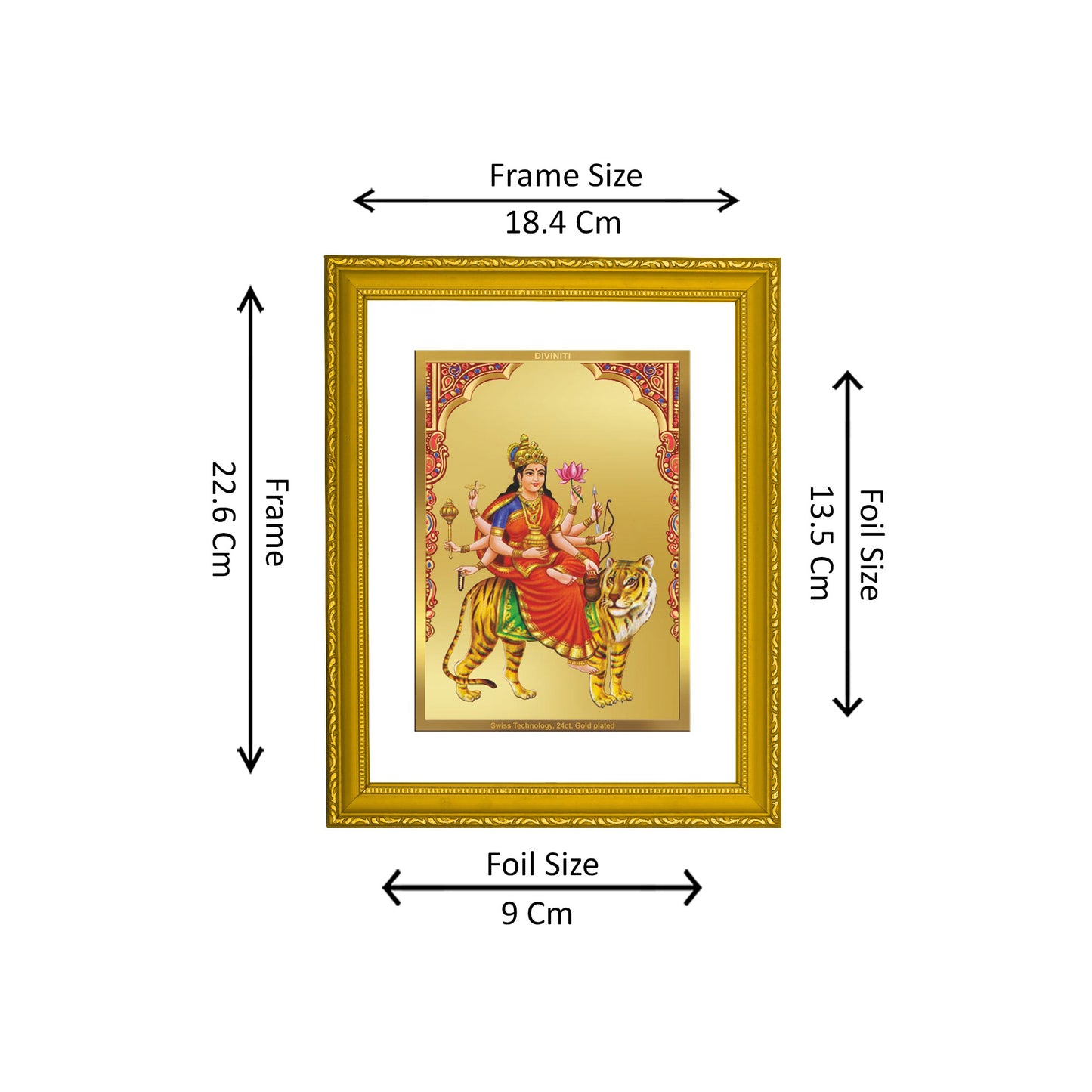 DIVINITI 24K Gold Plated Foil Chandraghanta Mata Photo Frame Idol for Puja Room, Home Decor, Workshop, Premium Gift|DG101 Size 2 (22.6x18.4 CM)