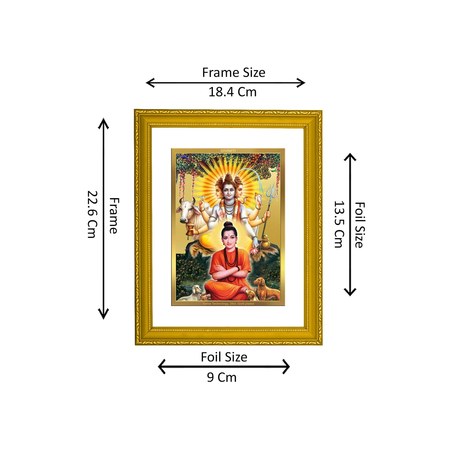 DIVINITI 24K Gold Plated Foil Dattatreya Stylish Photo Frame Idol for Home Decor, Workshop, Wall Hanging, Luxury Gift|DG101 Size 2 (22.6x18.4 CM)