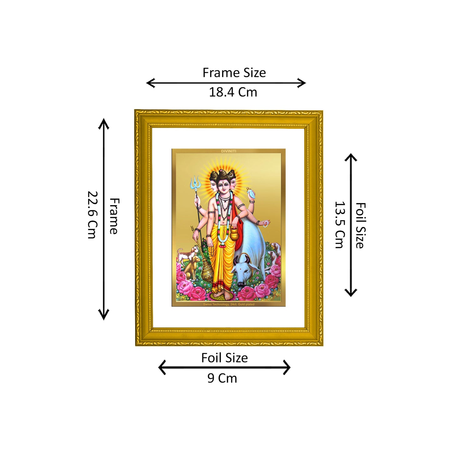 DIVINITI 24K Gold Plated Foil Dattatreya Wooden Modern Photo Frame Idol for Puja Room, Home Decor, Wall Hanging, Premium Gift | DG101 Size 2 (22.6x18.4 CM)