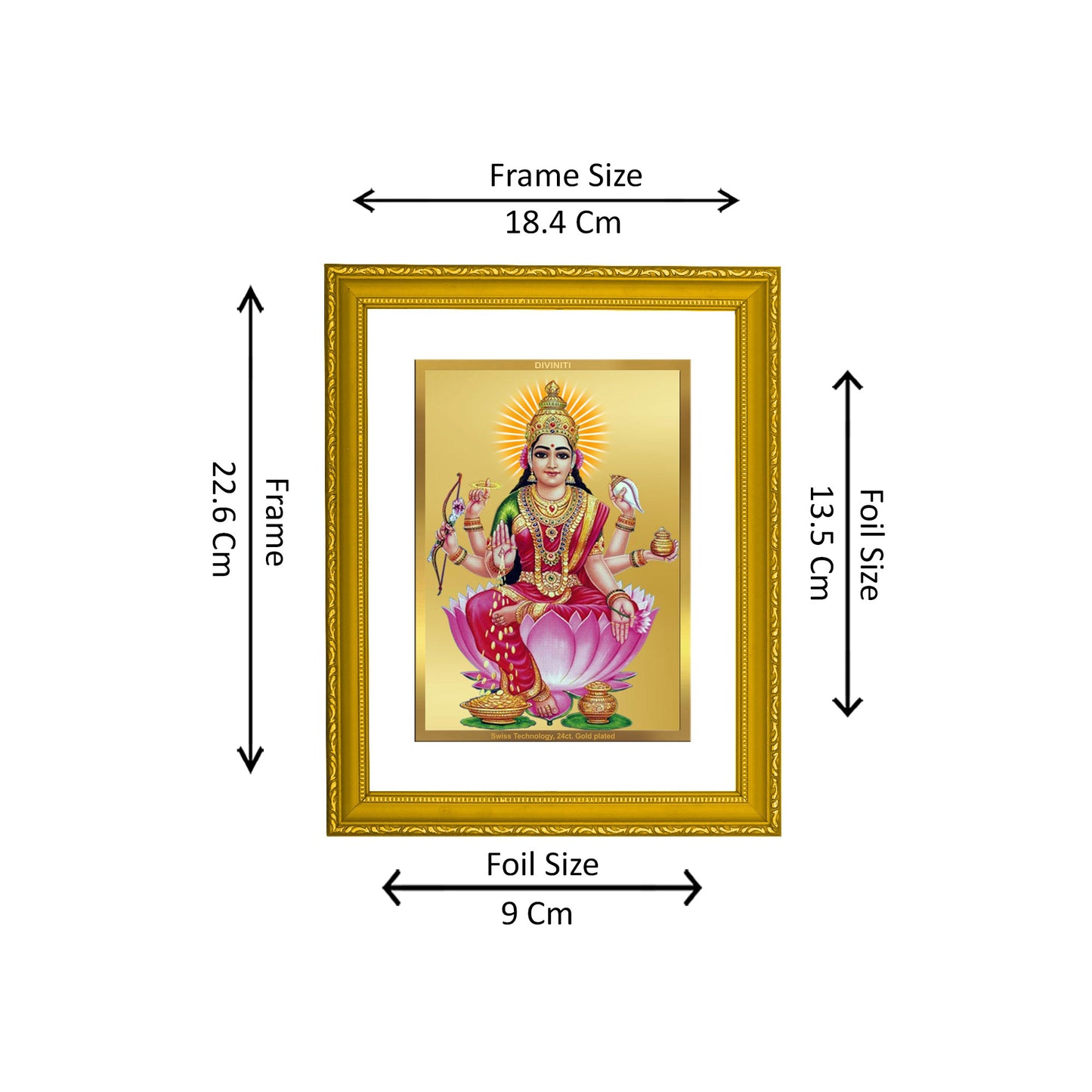 DIVINITI 24K Gold Plated Foil Goddess Dhan Lakshmi Wooden Luxurious Photo Frame Idol for Puja Room, Home Decor, Wall Hanging, Gift | DG101 Size 2 (22.6x18.4 CM)