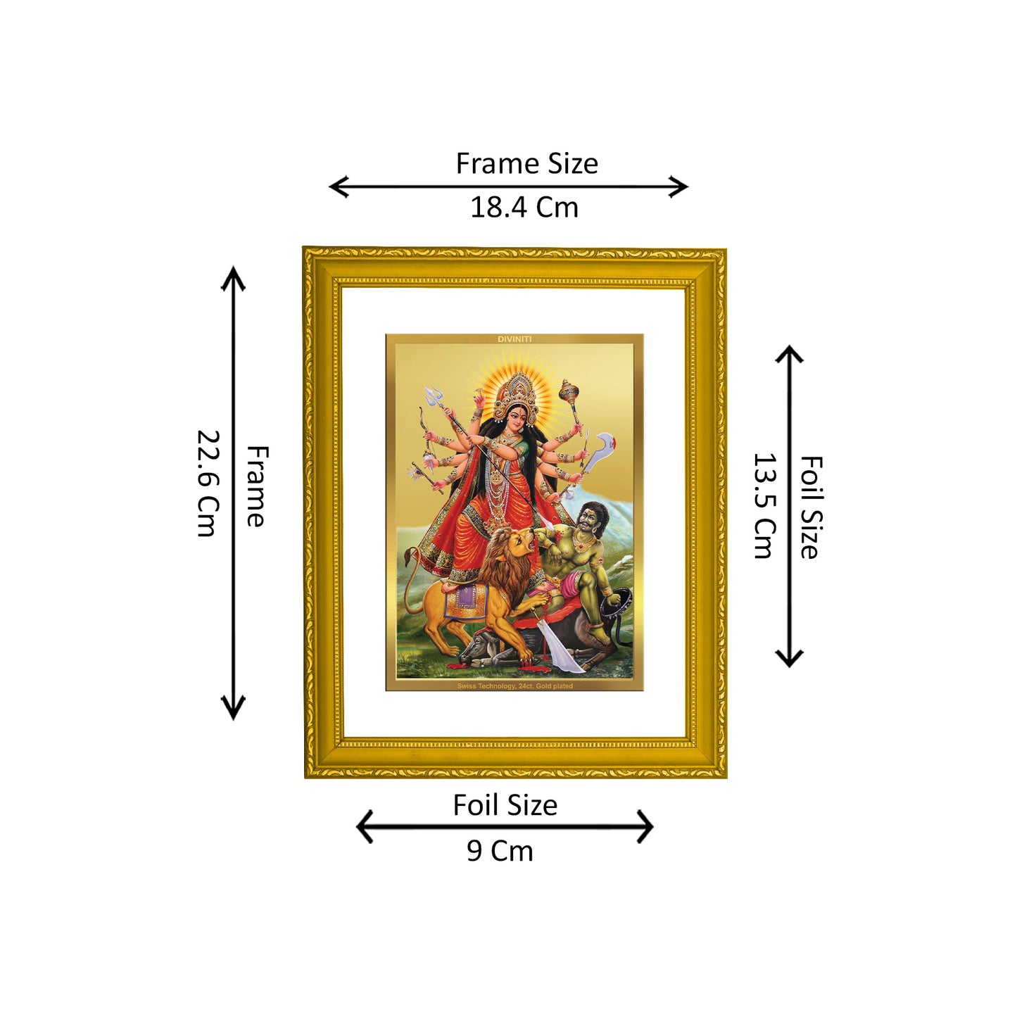 DIVINITI 24K Gold Plated Foil Goddess Durga Wooden Wall Photo Frame Idol for Home Decor, Prayer, Workshop, Premium Gift | DG101 Size 2 (22.6x18.4 CM)