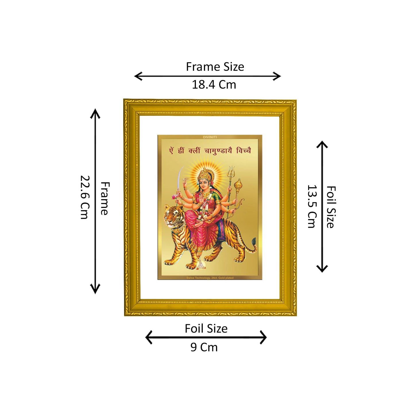 DIVINITI 24K Gold Plated Foil Durga Mata Elegant Wall Photo Frame Idol for Home Decor, Prayer, Workshop, Luxury Gift|DG101 Size 2 (22.6x18.4 CM)