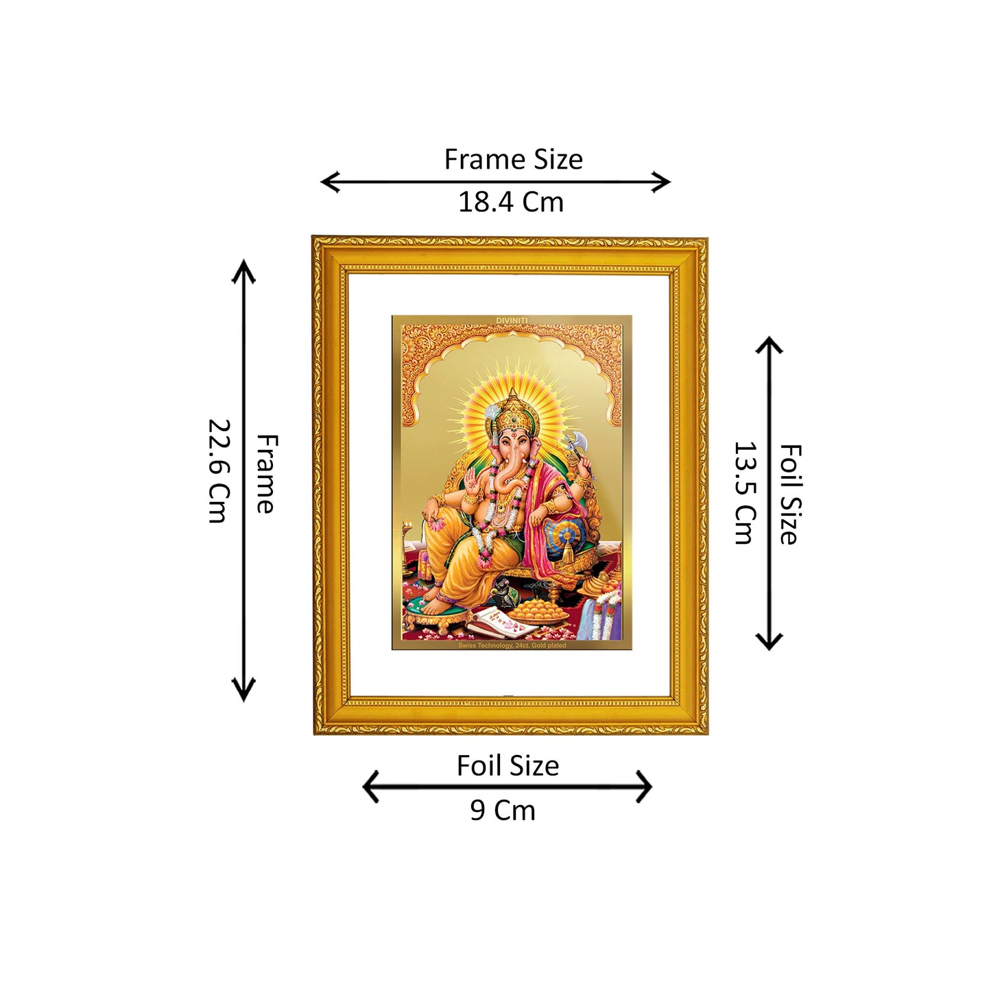 DIVINITI 24K Gold Plated Foil Ganesha Side Pose Wall Photo Frame Idol for Home Decor, Prayer, Workshop, Premium Gift|DG101 Size 2 (22.6x18.4 CM)