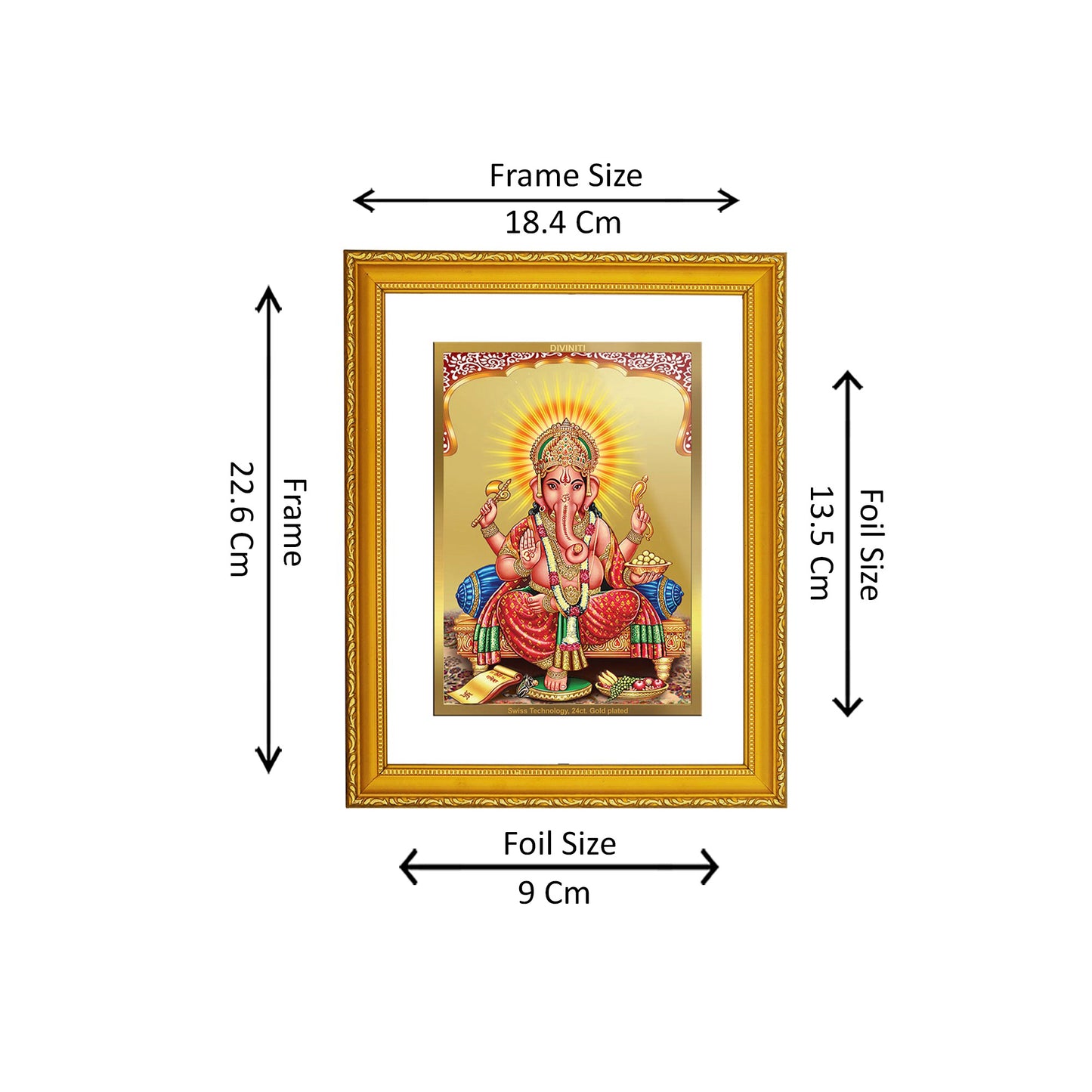 DIVINITI 24K Gold Plated Foil Lord Ganesha Premium Wall Photo Frame Idol for Home Decor, Puja Room, Workshop, Gift|DG101 Size 2 (22.6x18.4 CM)