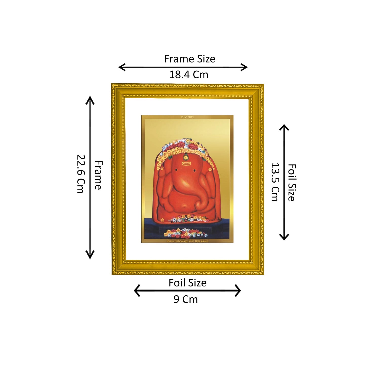 DIVINITI 24K Gold Plated Foil Lord Ganesha Stylish Photo Frame Idol for Wall Hanging, Home Decor, Puja Room, Workshop, Gift|DG101 Size 2 (22.6x18.4 CM)