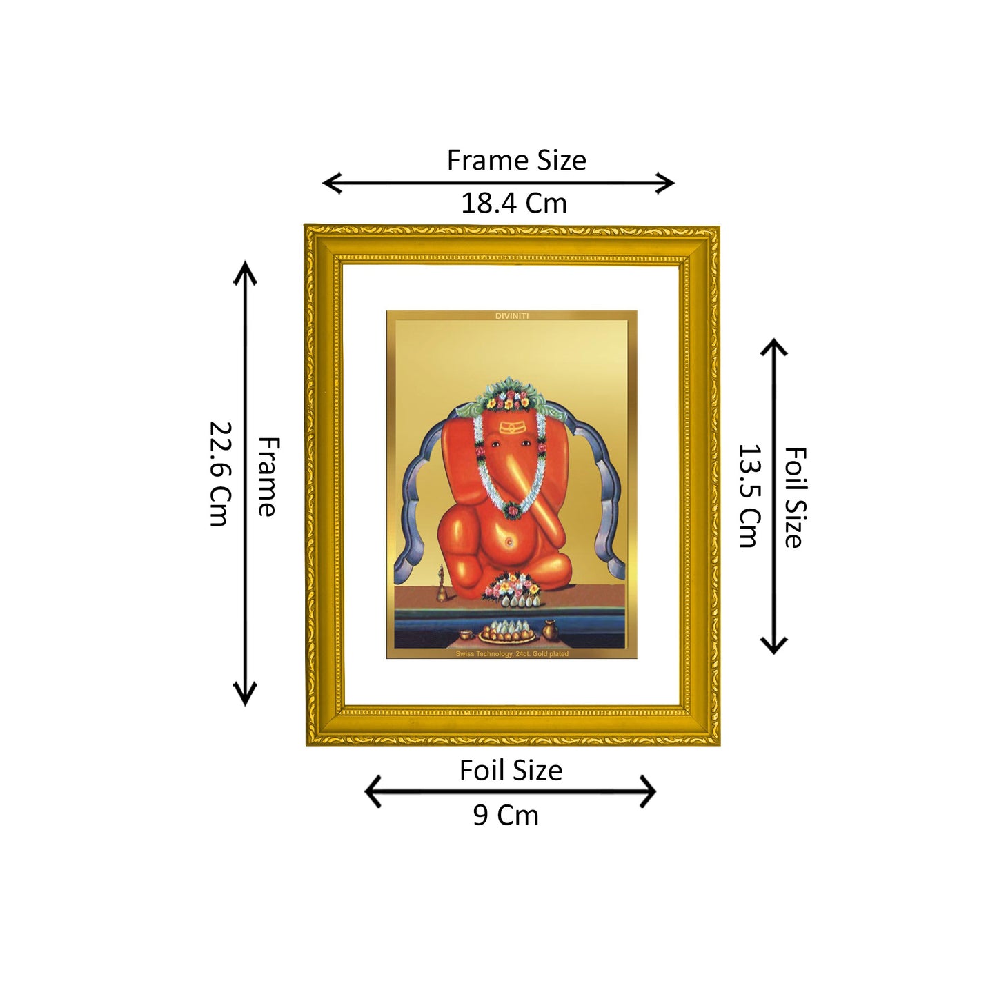 DIVINITI 24K Gold Plated Foil Lord Ganesha Traditional Wall Photo Frame Idol for Home Decor, Puja Room, Workshop, Gift|DG101 Size 2 (22.6x18.4 CM)