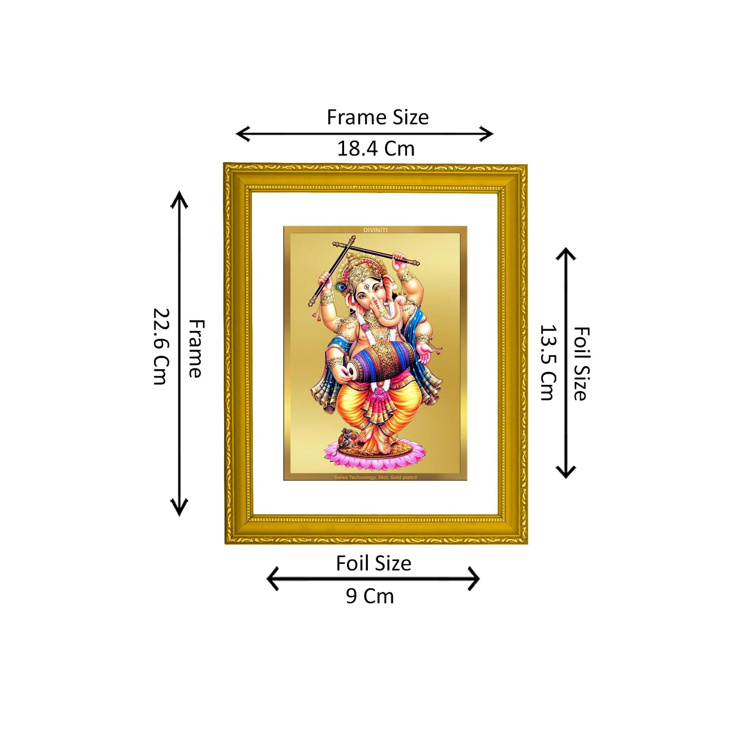 DIVINITI 24K Gold Plated Foil Lord Ganesha Classic Photo Frame Idol for Home Decor, Wall Hanging, Puja Room, Workshop, Gift|DG101 Size 2 (22.6x18.4 CM)