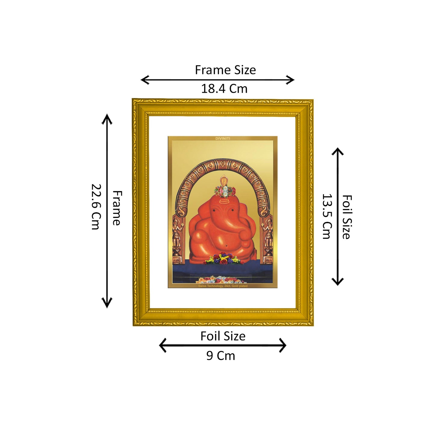 DIVINITI 24K Gold Plated Foil Lord Ganesha Wooden Elegant Photo Frame Idol for Puja Room, Workshop, Home Decor, Wall Hanging, Gift | DG101 Size 2 (22.6x18.4 CM)