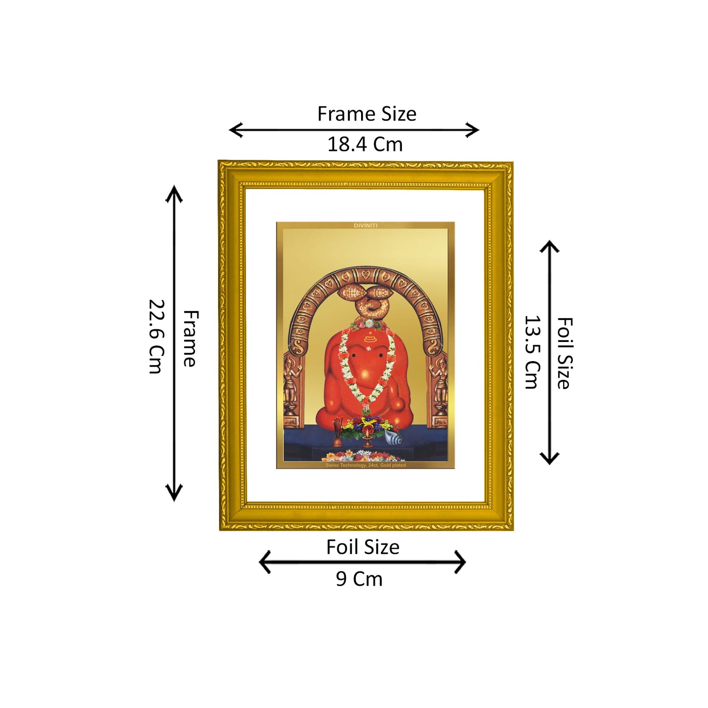 DIVINITI 24K Gold Plated Foil Lord Ganesha Religious Photo Frame Idol for Puja Room, Home Decor, Wall Hanging, Gift|DG101 Size 2 (22.6x18.4 CM)