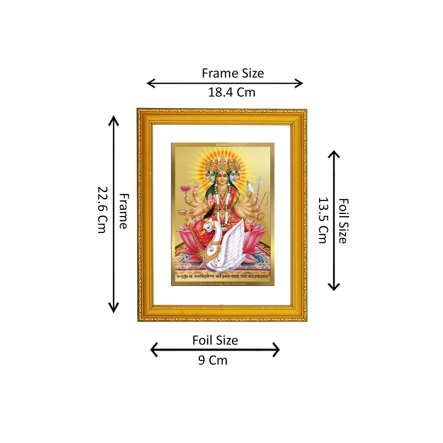 DIVINITI 24K Gold Plated Foil Gayatri Mata Wooden Wall Photo Frame Idol for Home & Office Decor, Workshop, Puja Room, Premium Gift | DG101 Size 2 (22.6x18.4 CM)