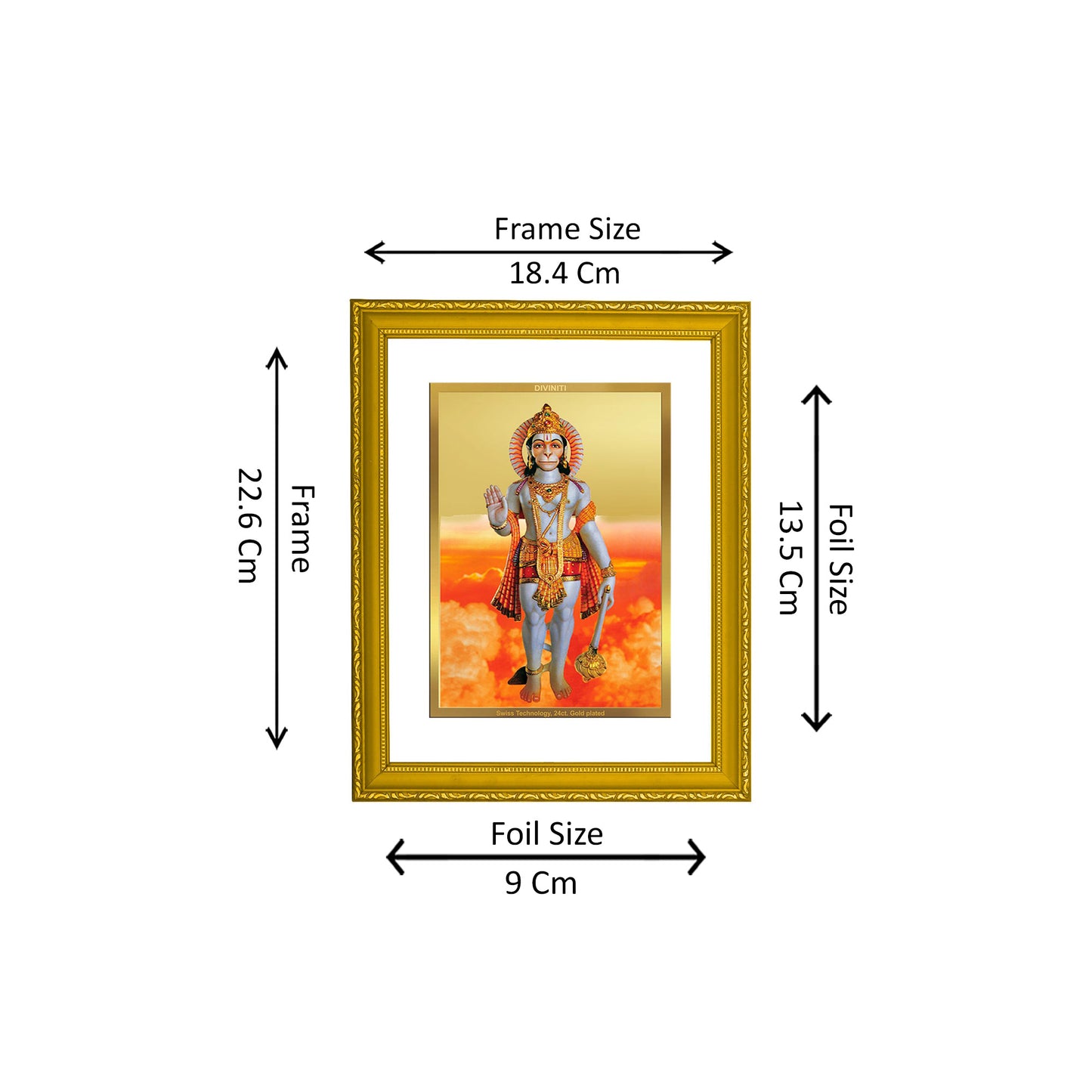 DIVINITI 24K Gold Plated Foil Lord Hanuman Wooden Traditional Photo Frame Idol for Home Decor, Workshop, Wall Hanging, Puja Room, Gift | DG101 Size 2 (22.6x18.4 CM)