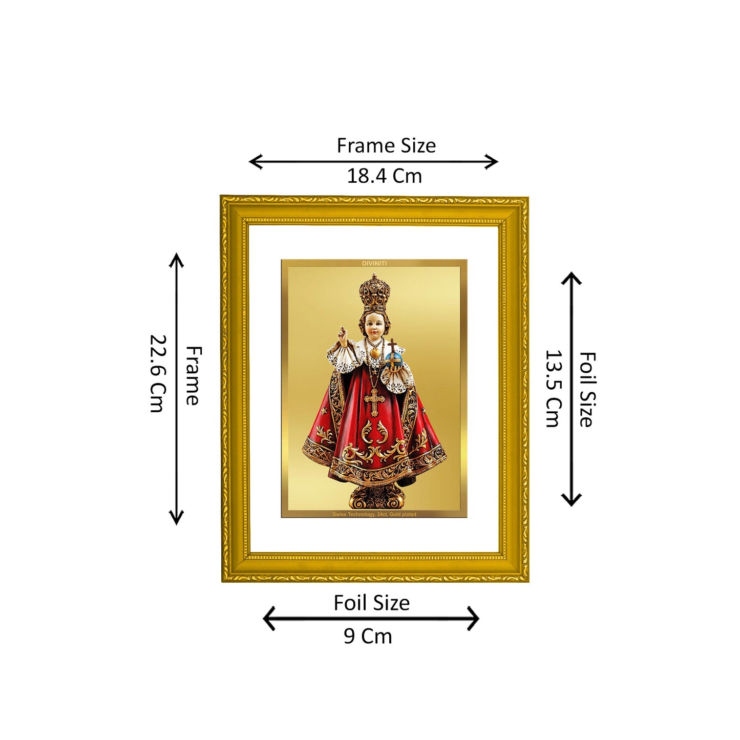 DIVINITI 24K Gold Plated Foil Infant Jesus Wooden Stylish Photo Frame Idol for Wall Hanging, Home Decor, Workshop, Premium Gift | DG101 Size 2 (22.6x18.4 CM)