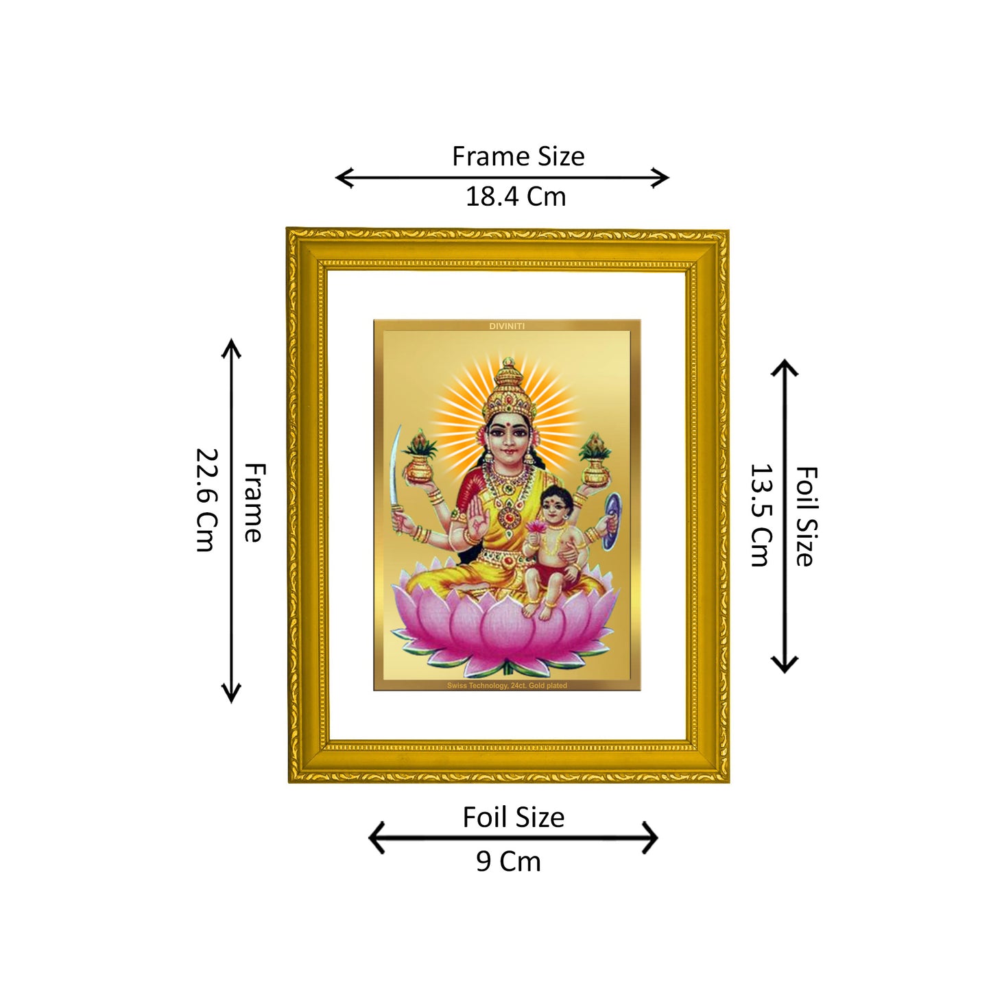 DIVINITI 24K Gold Plated Foil Santana Lakshmi Wall Decor Photo Frame Idol for Puja Room, Workshop, Home Decor, Gift|DG101 Size 2 (22.6x18.4 CM)