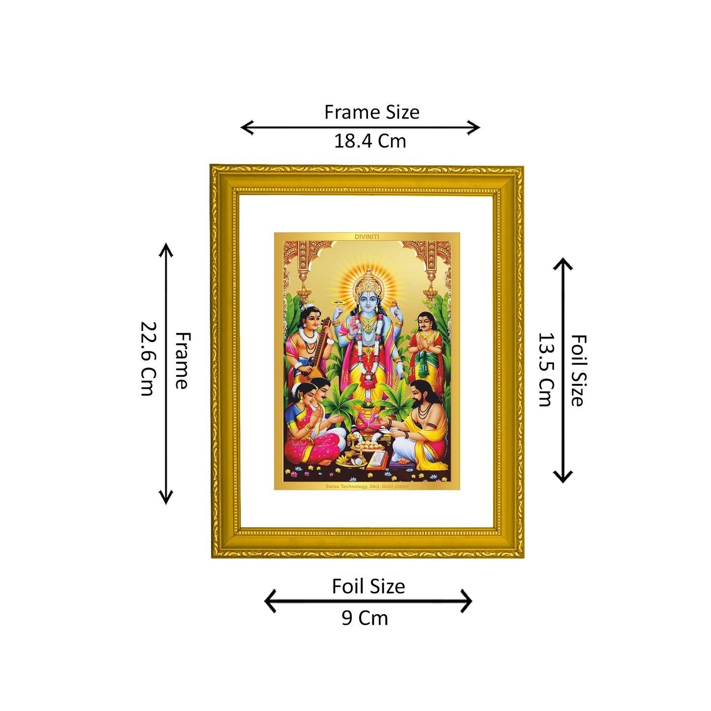 DIVINITI 24K Gold Plated Foil Satya Narayan Modern Photo Frame Idol for Home Decor, Wall Hanging, Puja Room, Workshop, Gift|DG101 Size 2 (22.6x18.4 CM)