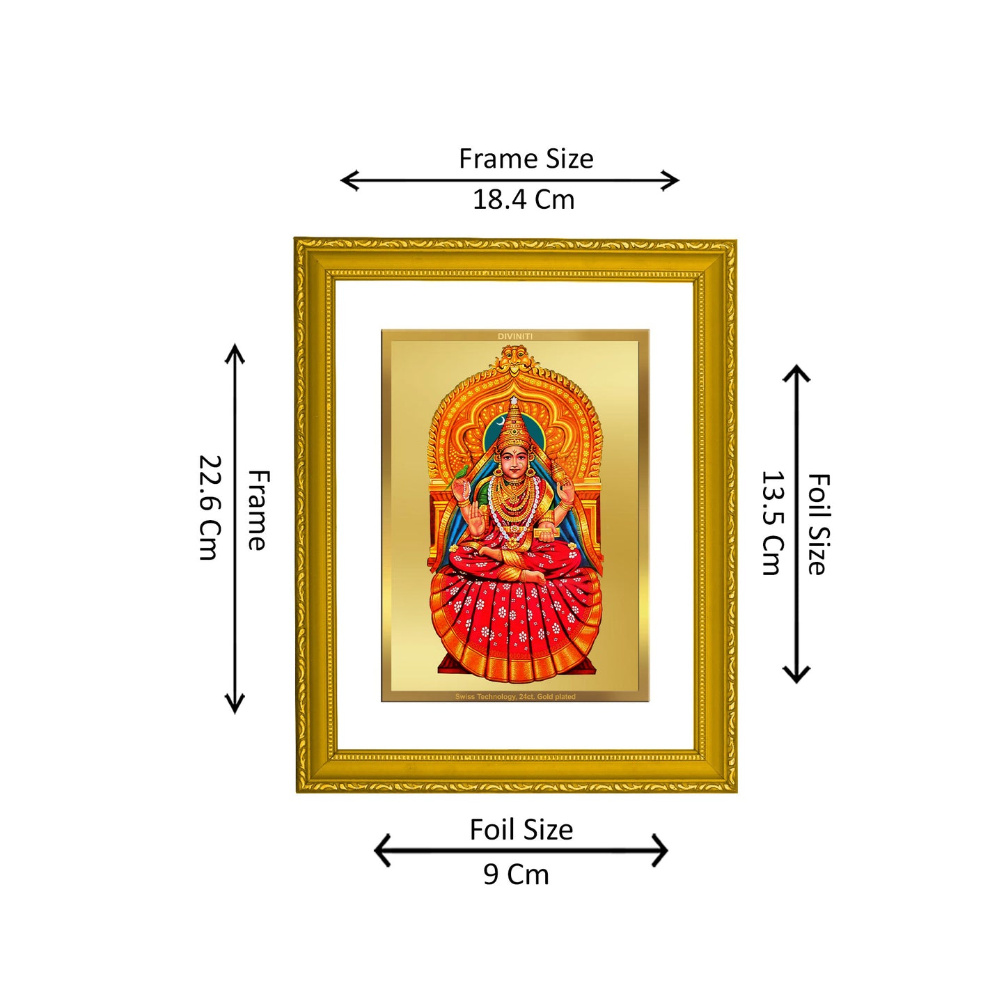 DIVINITI 24K Gold Plated Foil Sharda Mata Premium Photo Frame Idol for Home Decor, Wall Hanging, Luxury Gift|DG101 Size 2 (22.6x18.4 CM)