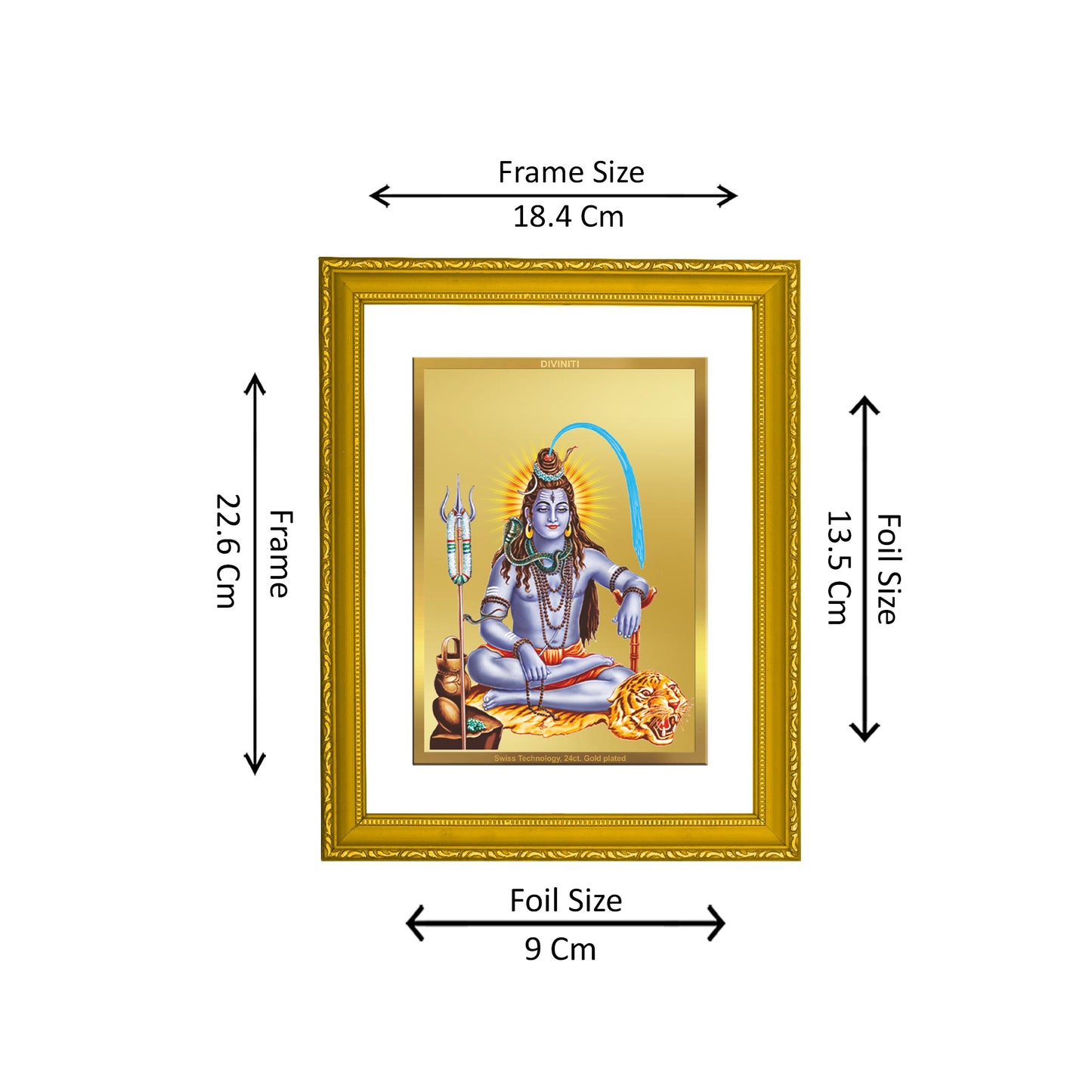 DIVINITI 24K Gold Plated Foil Lord Shiv Elegant Photo Frame Idol for Home Decor, Wall Hanging, Puja Room, Gift|DG101 Size 2 (22.6x18.4 CM)