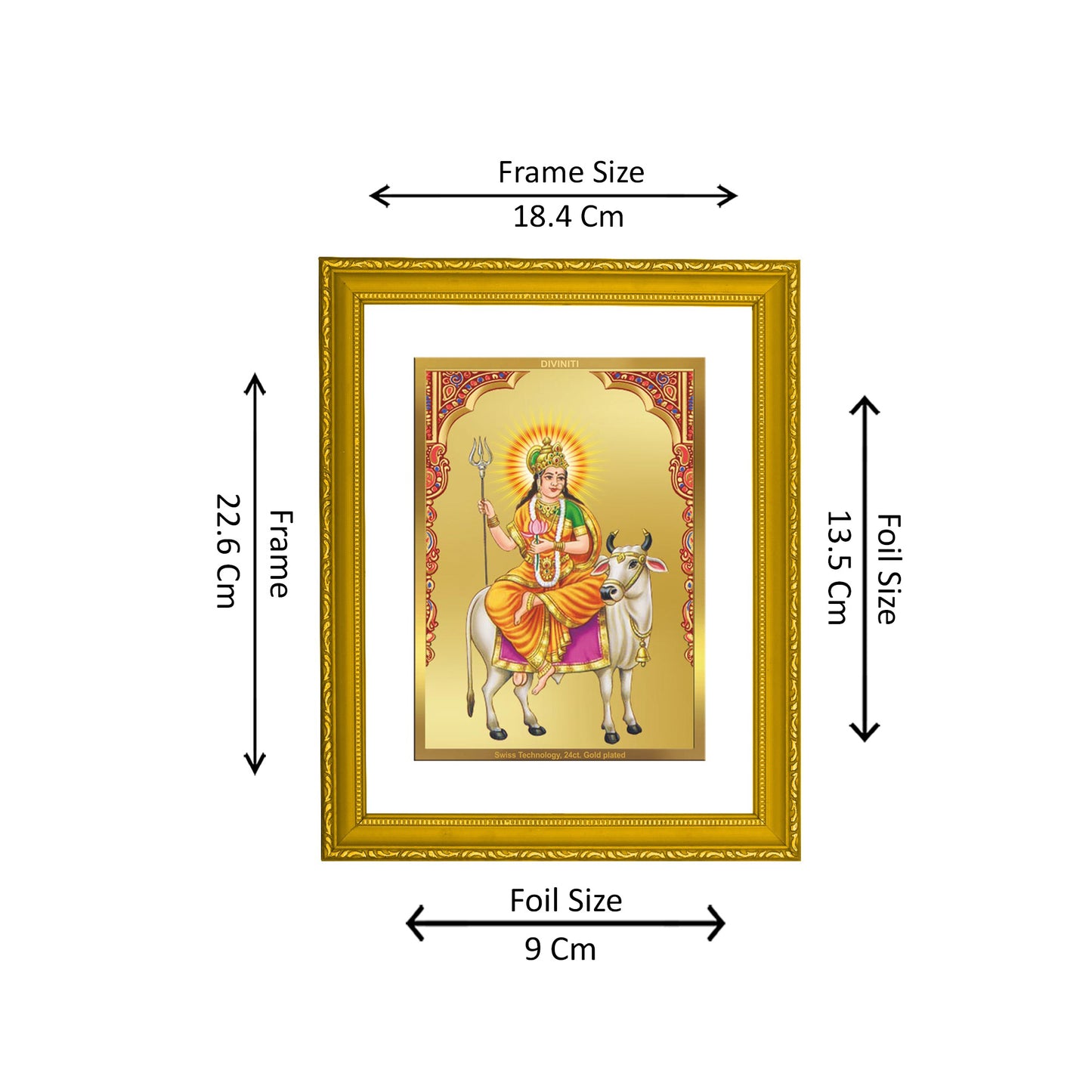 DIVINITI 24K Gold Plated Foil Shailputri Mata Wooden Photo Frame Idol for Puja Room, Home Decor, Wall Hanging, Workshop, Gift | DG101 Size 2 (22.6x18.4 CM)