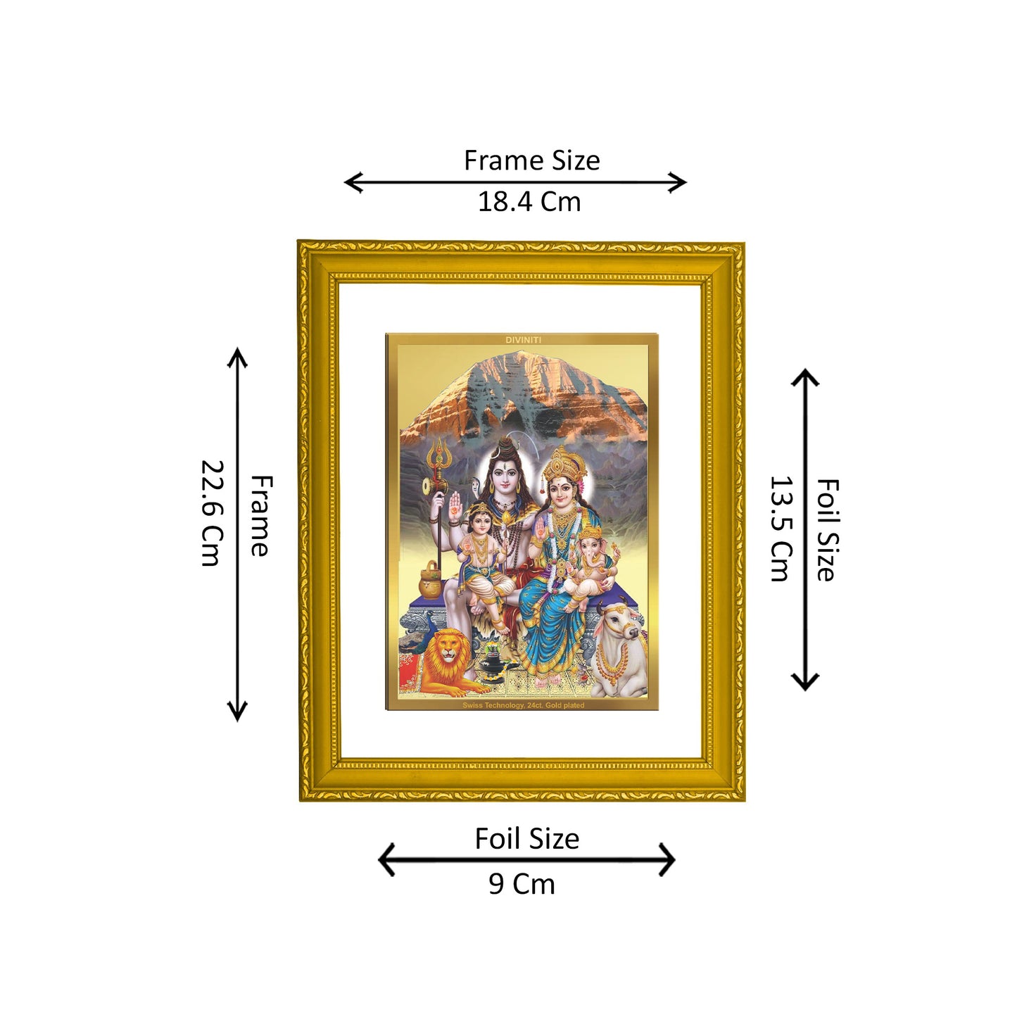 DIVINITI 24K Gold Plated Foil Lord Shiv Parivar Photo Frame Idol for Puja Room, Home Decor, Wall Hanging, Gift|DG101 Size 2 (22.6x18.4 CM)