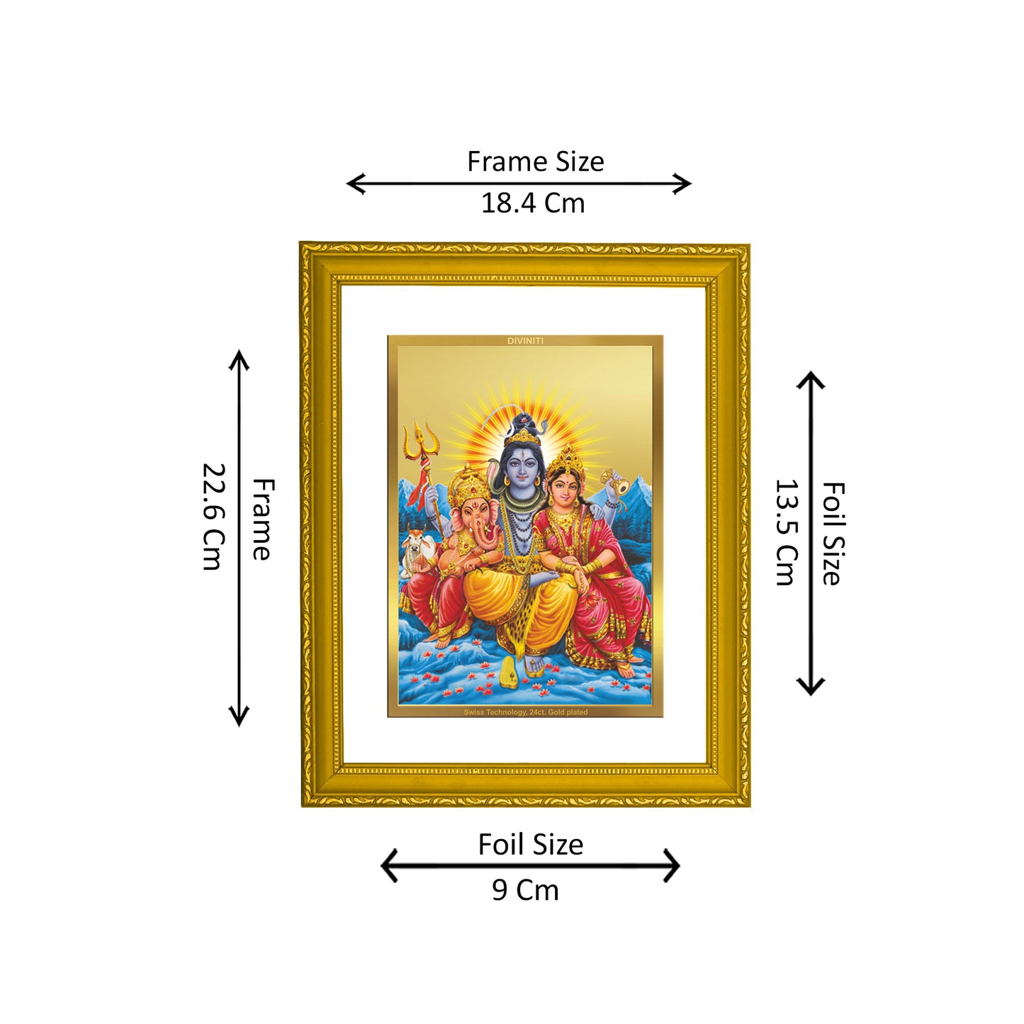 DIVINITI 24K Gold Plated Foil Lord Shiv Parivar Photo Frame Idol for Wall Hanging, Puja Room, Home Decor, Gift|DG101 Size 2 (22.6x18.4 CM)