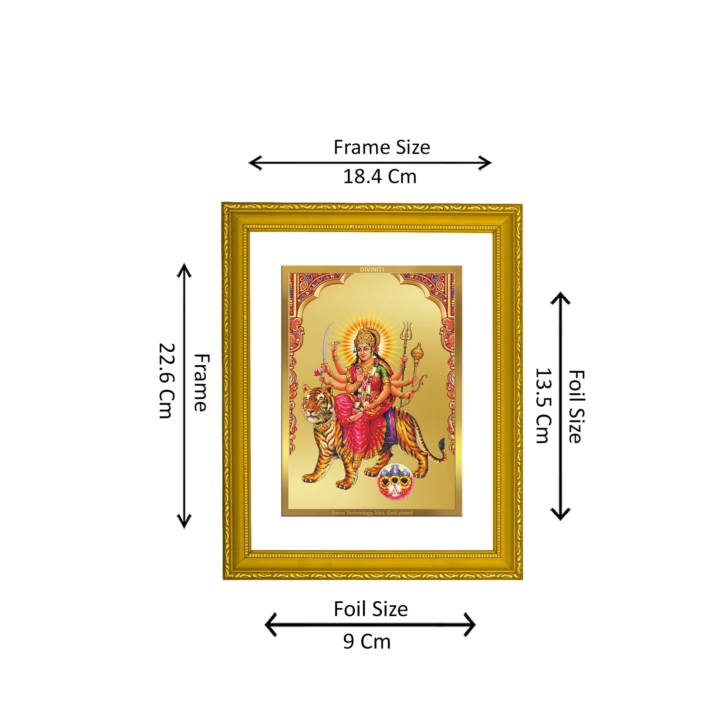 DIVINITI 24K Gold Plated Foil Siddhidatri Mata Wooden Photo Frame Idol for Home Decor, Puja Room, Workshop, Luxury Gift | DG101 Size 2 (22.6x18.4 CM)