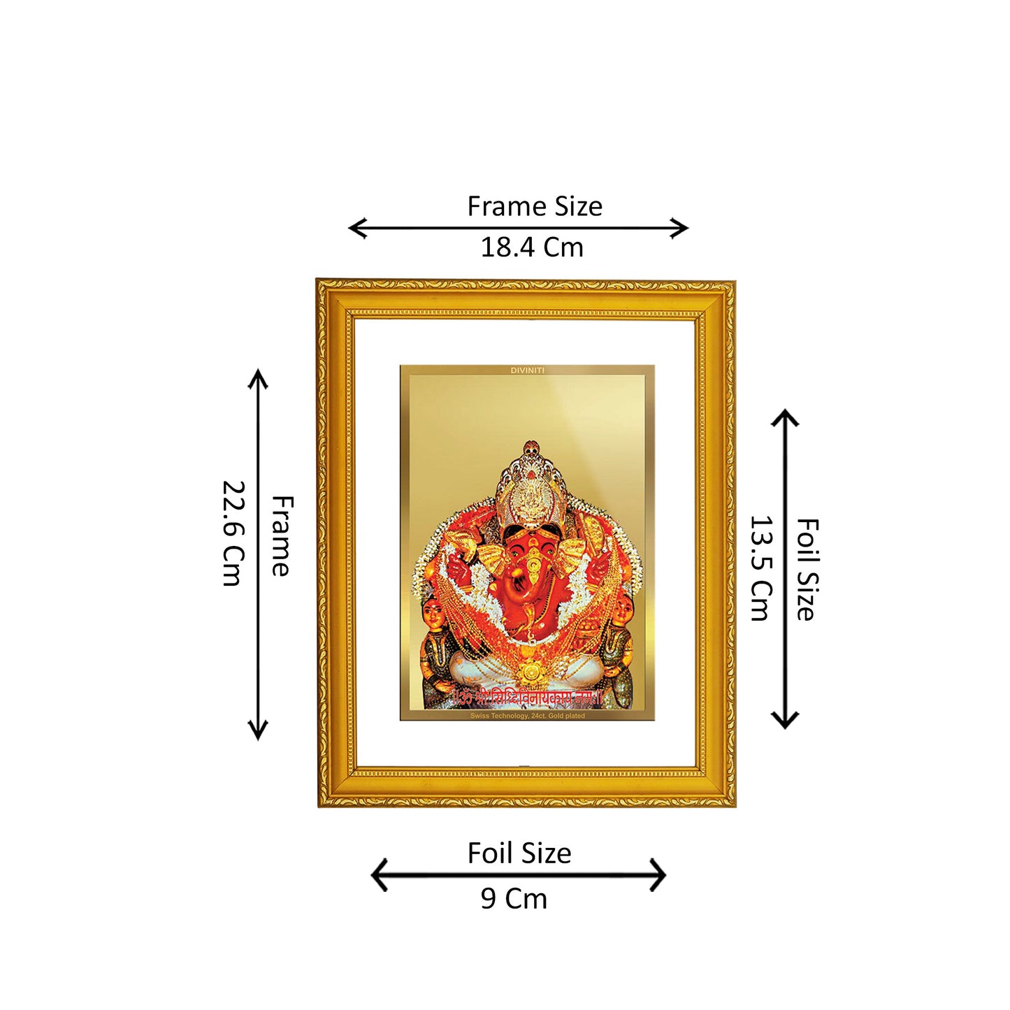 DIVINITI 24K Gold Plated Siddhivinayak Wooden Photo Frame Idol for Home Decor, Puja Room, Table Top, Wall Hanging, Workshop, Luxurious Gift | DG101 Size 2 (22.6x18.4 CM)